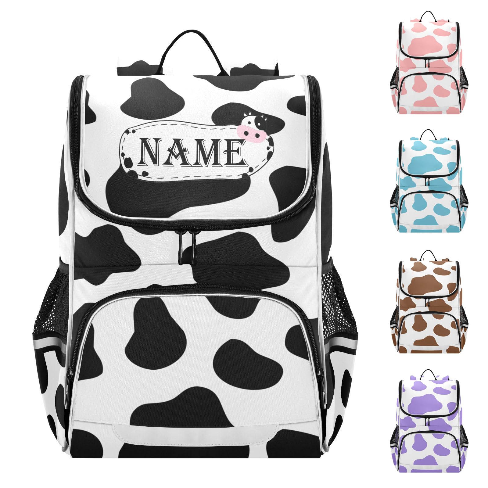 XUWU Custom Personalized Cow Print Backpack with Reflective Strip for Kids Boys Girls Elementary School Bag Removable Chest Strap