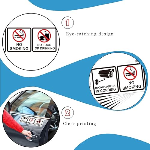 Miniatura 3 de Paquete de 12 carteles de "No fumar en la cámara del automóvil, grabación de no comer o beber, 1.75 x 5 pulgadas, calcomanías de advertencia de