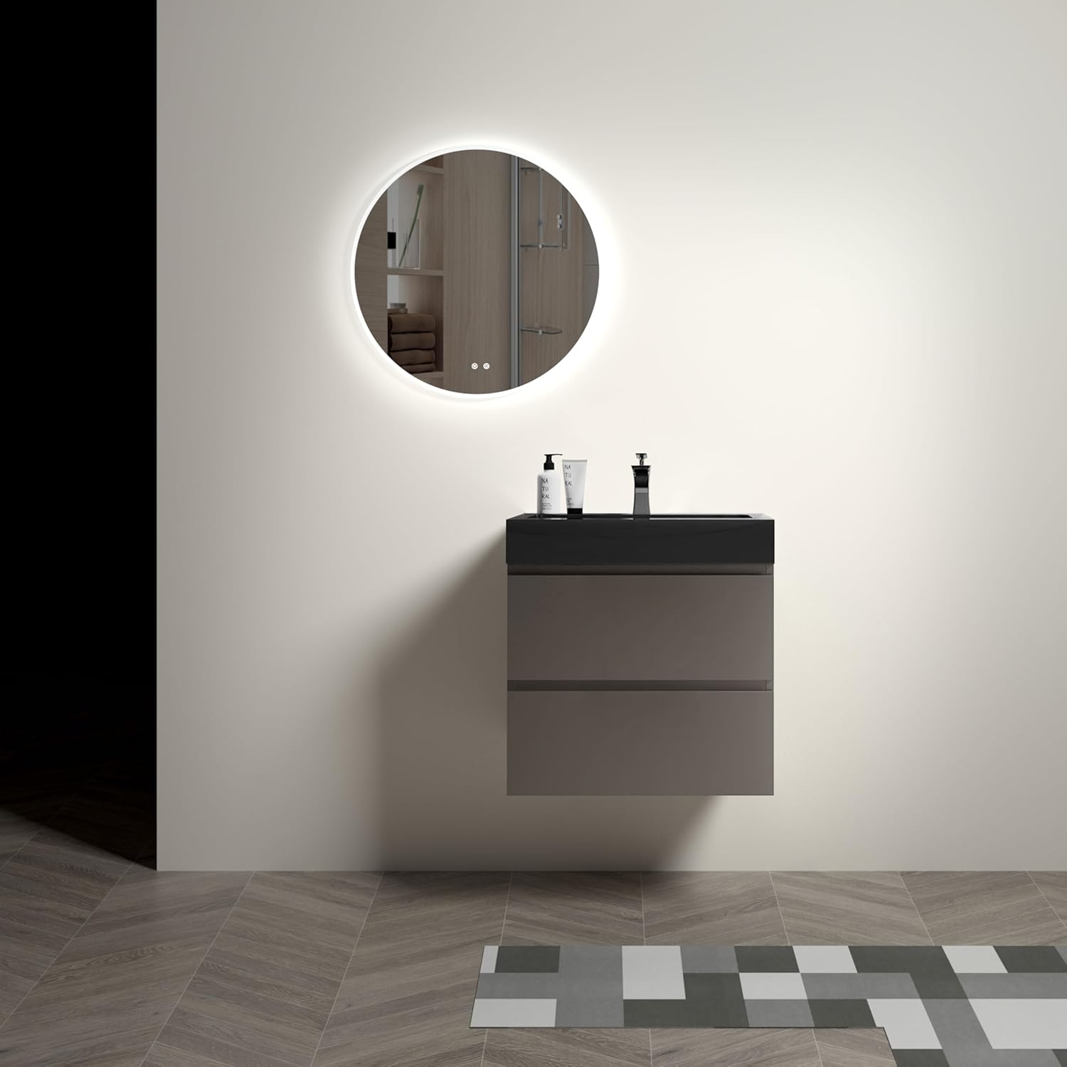 24" Floating Vanity Bathroom Vanity with Sink, 2 Soft Close Drawers Wall Mounted Bathroom Vanity with Black Sink Without Drain and Faucet, Grey