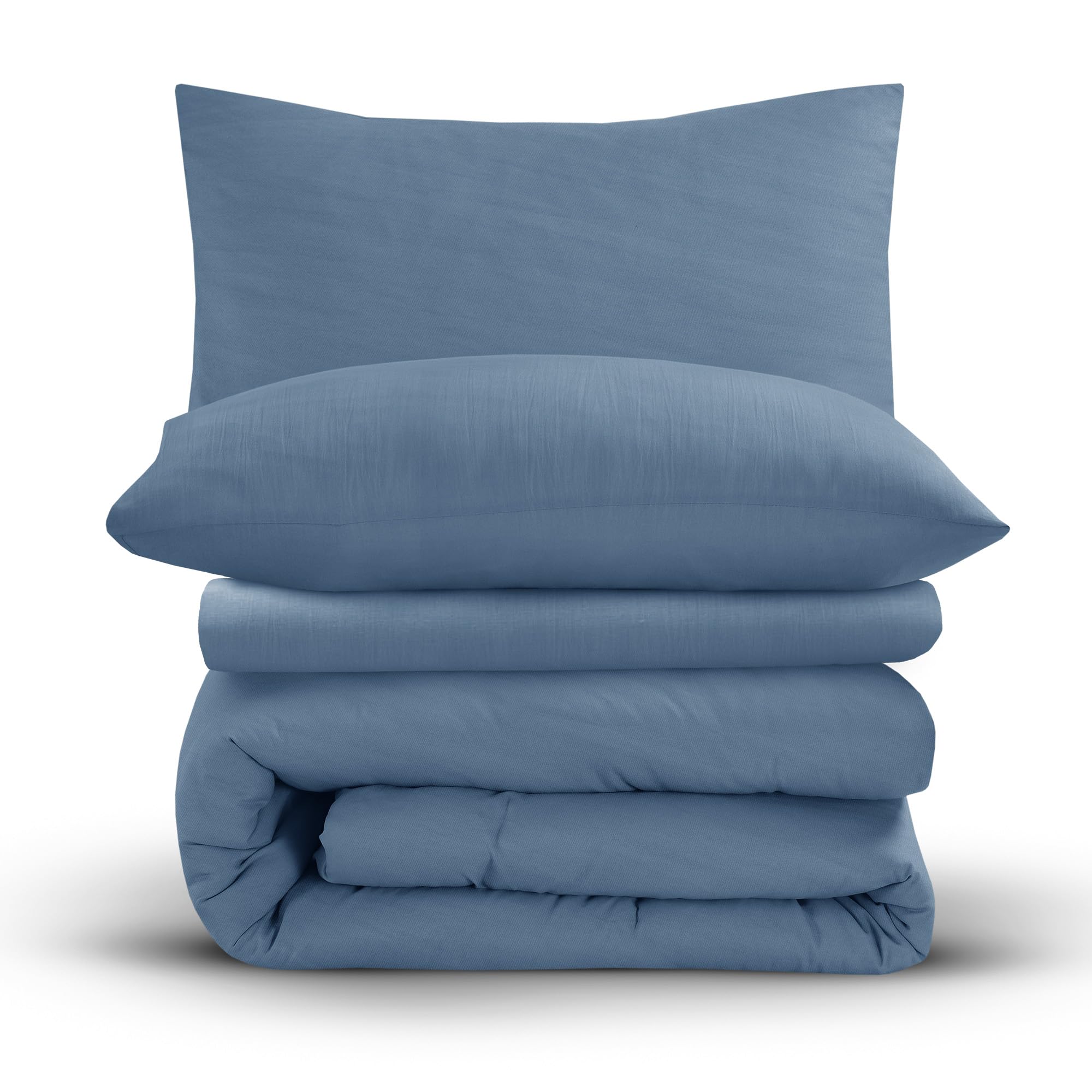 Velosso Washed Linen Plain Dye Duvet Cover and Fitted Sheet Complete Bedding Set Soft Microfibre Polyester Bedding Quilt Cover Set, pillowcase and matching Fitted Sheet (Denim Blue, Double)