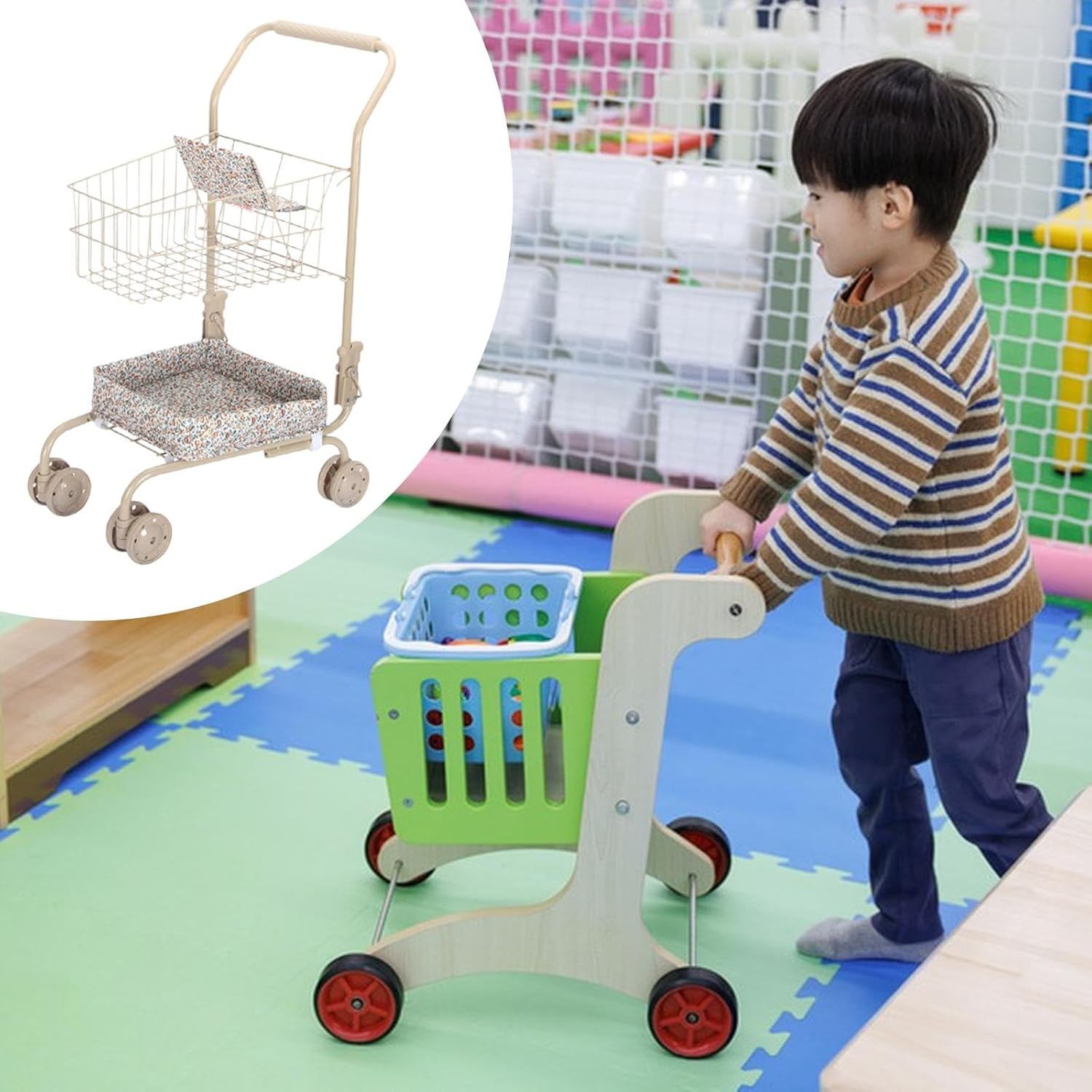 Kids Shopping Cart Toy Dollhouse Grocery Cart Simulation Supermarket Handcart Role Play Educational Toys Girls Gift, Flower Basket