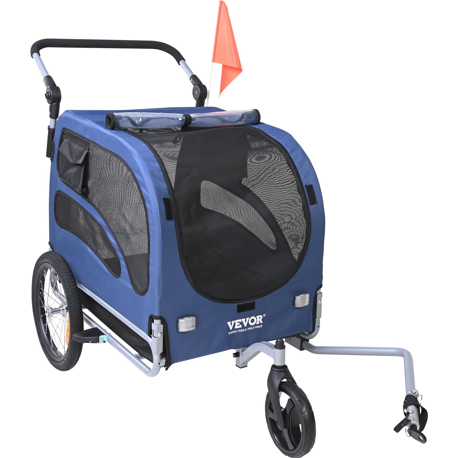 VEVOR Remorque de Vélo Chien Pliable Charge 45 kg Poussette d'Animaux de Compagnie 2en1 Cadre Facile à Plier avec Roues à Dégagement Rapide, Coupleur de Vélo Universel, Réflecteurs, Drapeau, Bleu/Noir