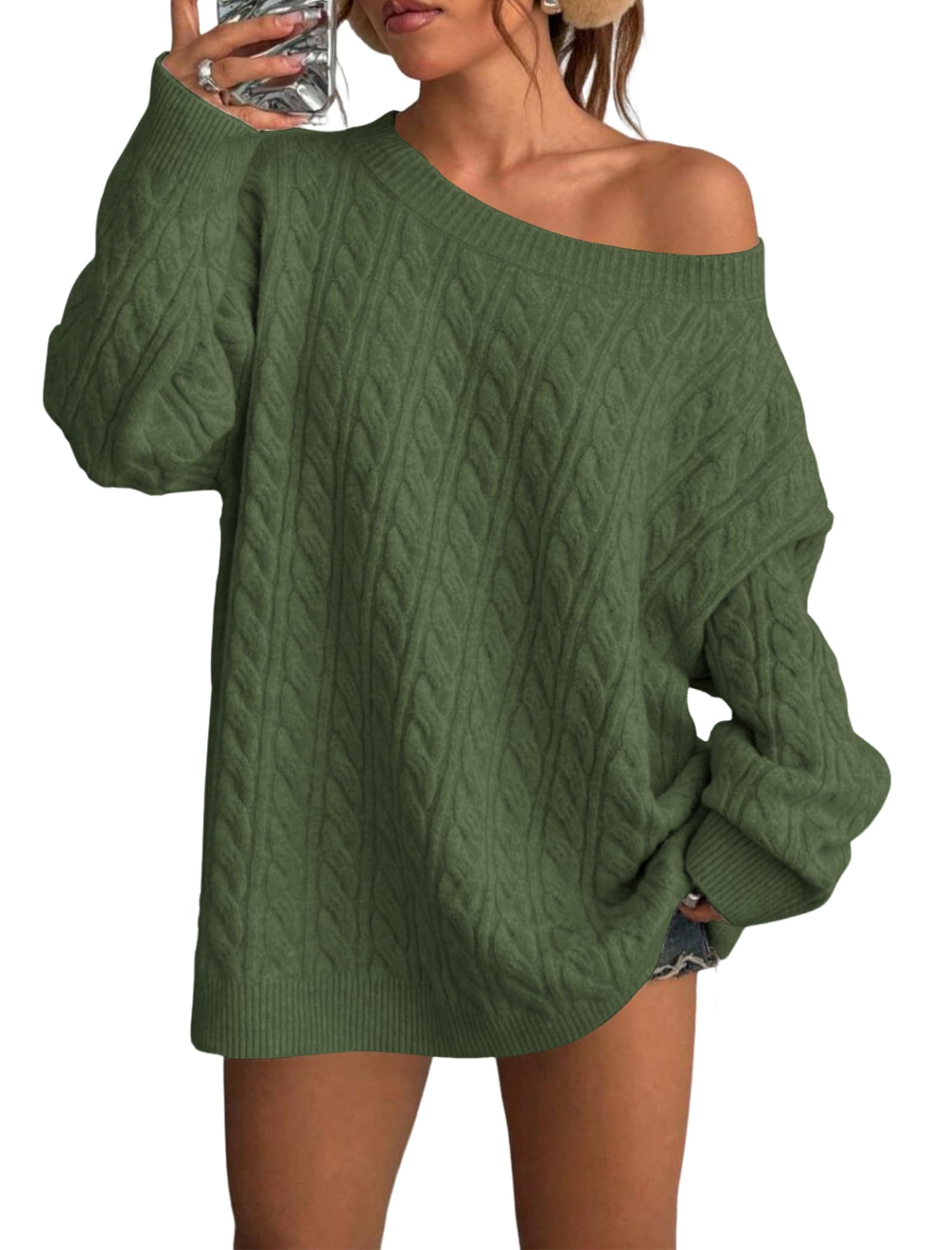 ZAFUL Womens Oversized Sweaters Cable Knit Casual Long Sleeve Crew Neck Sweaters Fall Winter Pullover Sweater 2025 Green