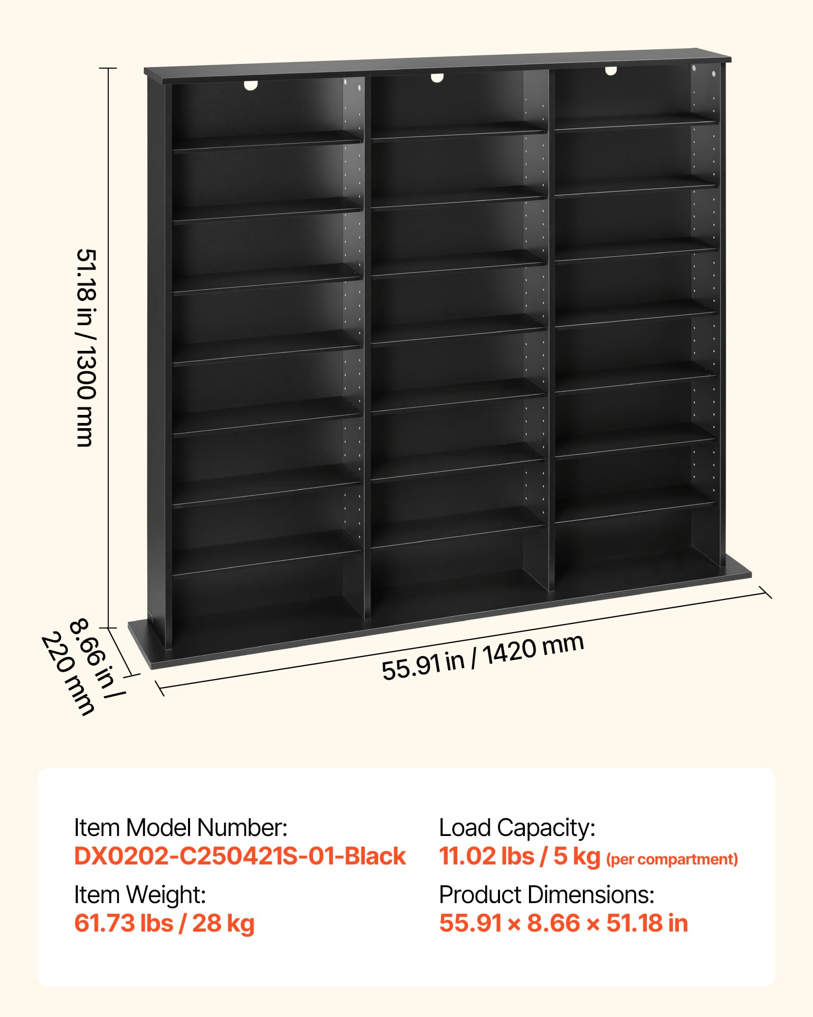 VEVOR Media Storage Cabinet, 8-Tier DVD Shelf Organizer, 55.91 x 8.66 x 51.18 in Multimedia Storage Organizer for CDs, DVDs, Books & Games, CD Shelf for Living Room, Home Office, Recording Room, Black - 3