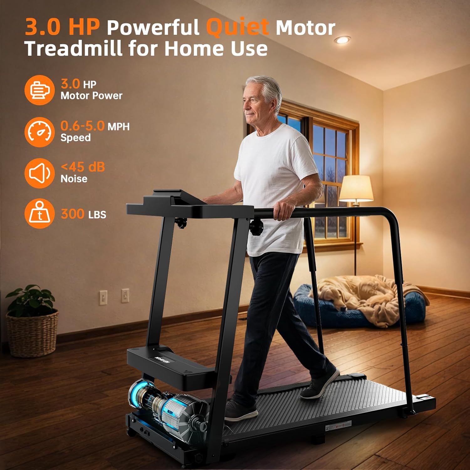 KEY2FUN Walking Treadmill with Long Handrail for Balance, Recovery Fitness Exercise Machine, Treadmills for Home with Holder for Phone & Cup, 300 lbs Capacity, with LCD Display