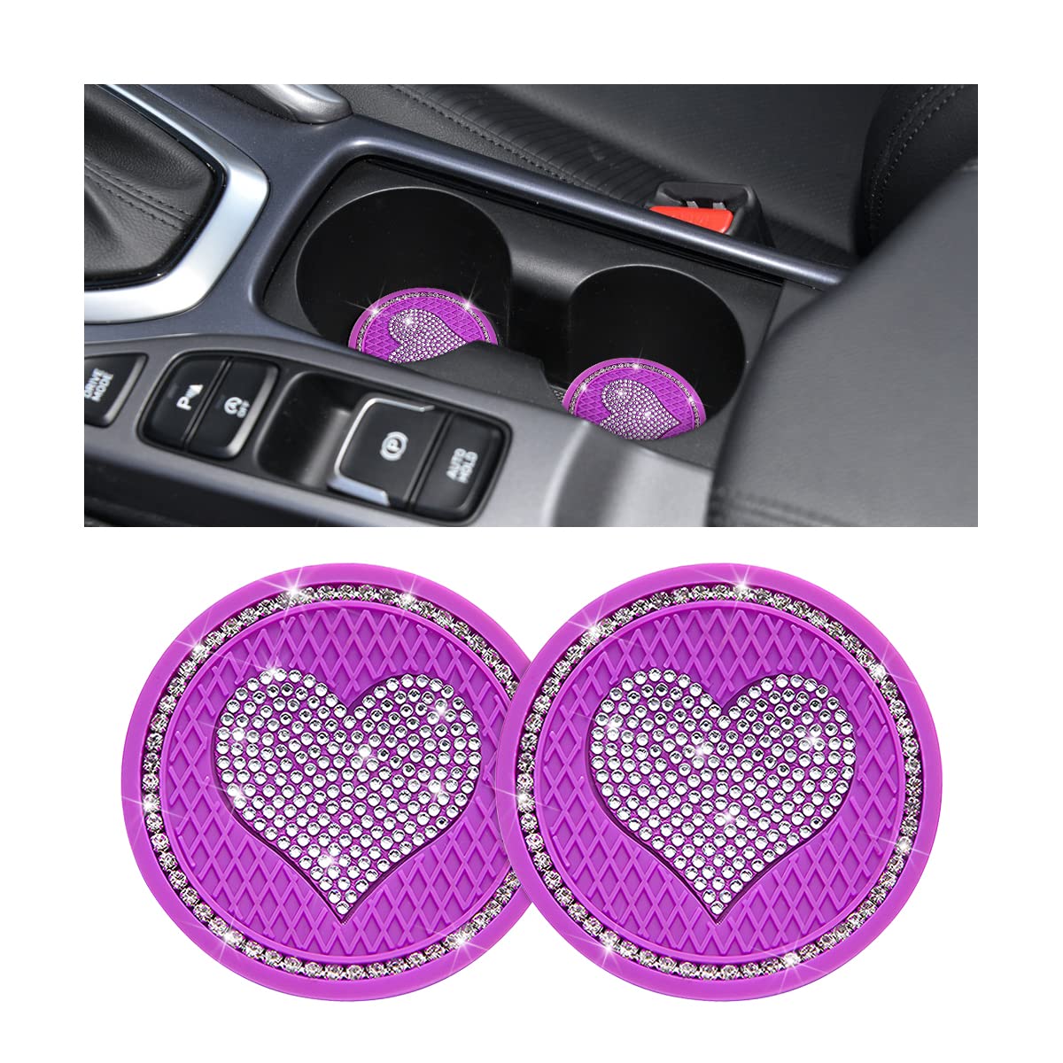 Heart Bling Car Cup Holder Coaster, 2PCS Universal Crystal Rhinestone Loving Heart Car Coasters, Cute Vehicle Anti-Slip Drink Cup Mat, Auto Interior Accessories Universal for Women Girls