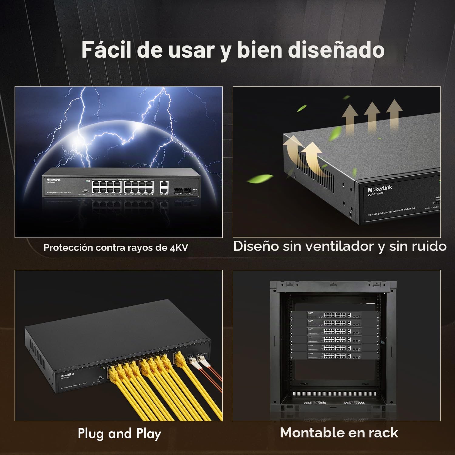 MokerLink Conmutador PoE Gigabit de 20 puertos, 16 puertos PoE+ Gigabit, enlace ascendente de 2 Gigabit, SFP de 2 Gigabit, IEEE802.3af/at de 200 W, conmutador Ethernet Plug and Play no administrado p