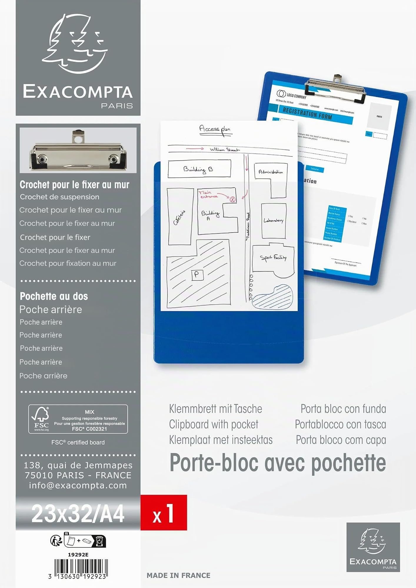 Exacompta - Réf. 19292E - Carton de 10 porte-blocs à pince avec pochette plastique sur le dos - Système d'accroche mural - Dimensions : 23 cm x 32 cm pour document format A4 - Bleu