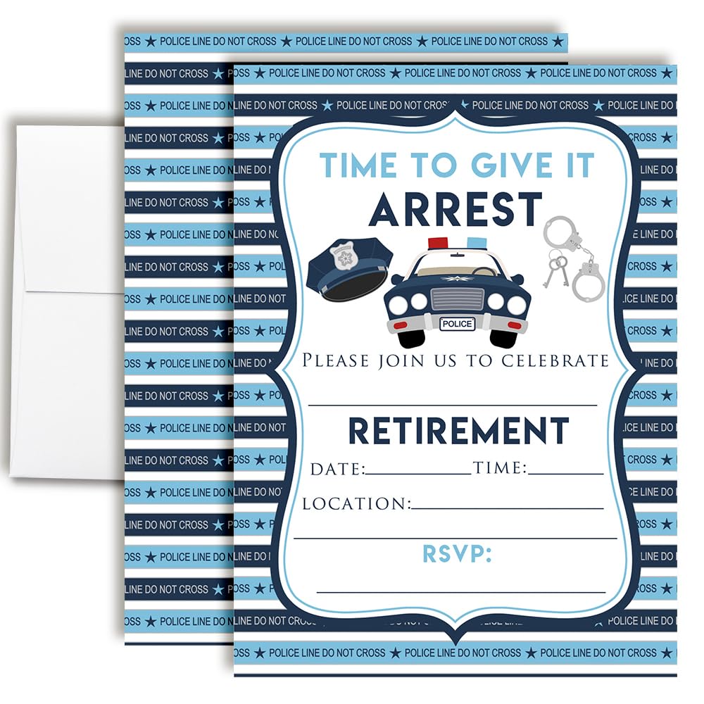Amanda Creation Police Retirement Party Invitations - 20 Fill-In Cards Law Enforcement Themed Retirement Invites with Twenty White Envelopes - 5x7 Double Sided Cards