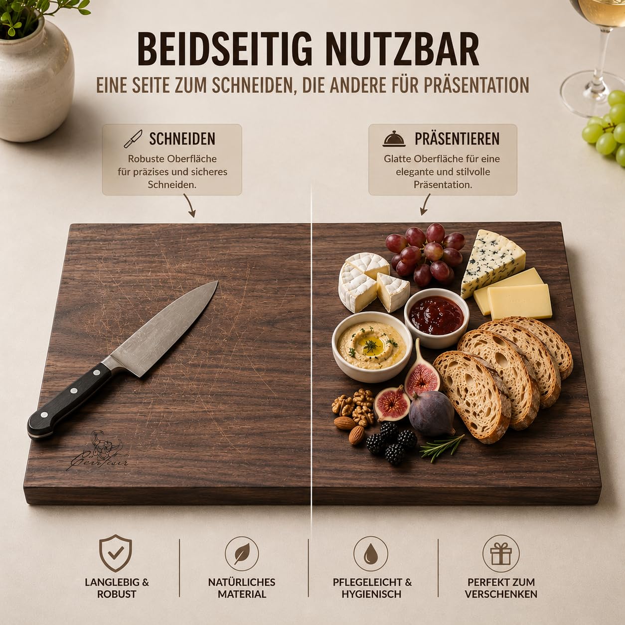 Centaur Planche à découper en bois massif fabriquée en Allemagne - Planche de cuisine de qualité supérieure en noyer 60 x 40 cm - Grande planche à découper avec poignées encastrées et 3,5 cm