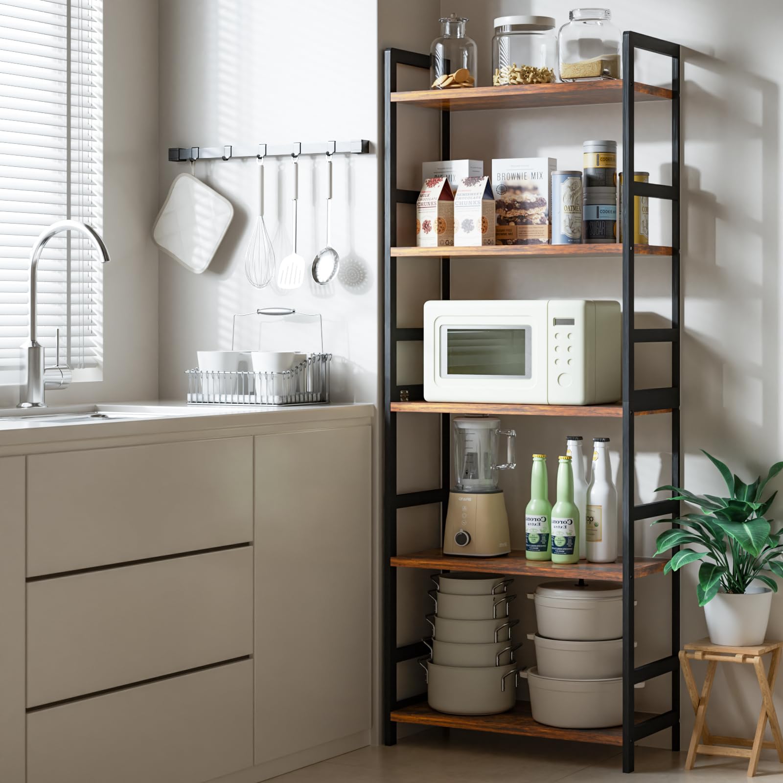 Libreria a 5 Ripiani, Scaffale Legno, Stile Industriale Librerie Verticale Portaoggetti per Ufficio, Cucina, Soggiorno, Camera da Letto, Studio (30 x 60 x 158 cm, Marrone Vintage e Nero)