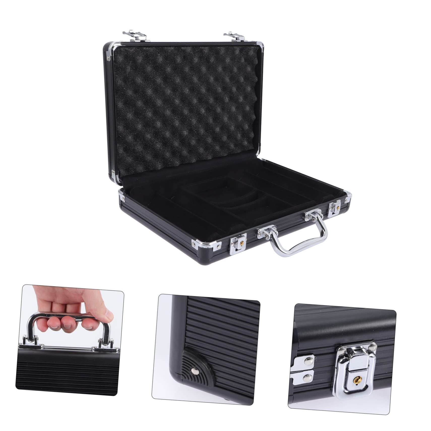 Caja de Fichas de Póquer Portátil de Aluminio Negro 200 Fichas Esquinas Redondeadas Estuche Ligero y Resistente para Juegos de Almacenamiento y Transporte Tamaño 30x21.5x6 Cm