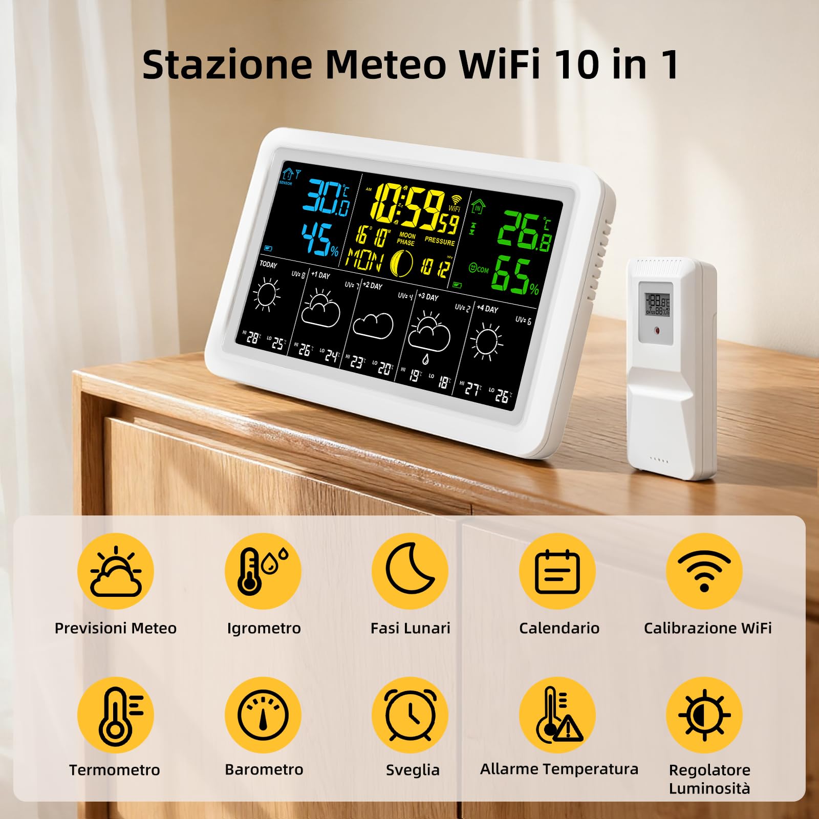 Stazione Meteo con Sensore Esterno, 7.5 Inch Display a Colori, Stazione Meteorologica con Previsioni del Tempo, Umidità, Sveglia, Pressione dell'aria, Uso Interno ed Esterno, 500FT/150M