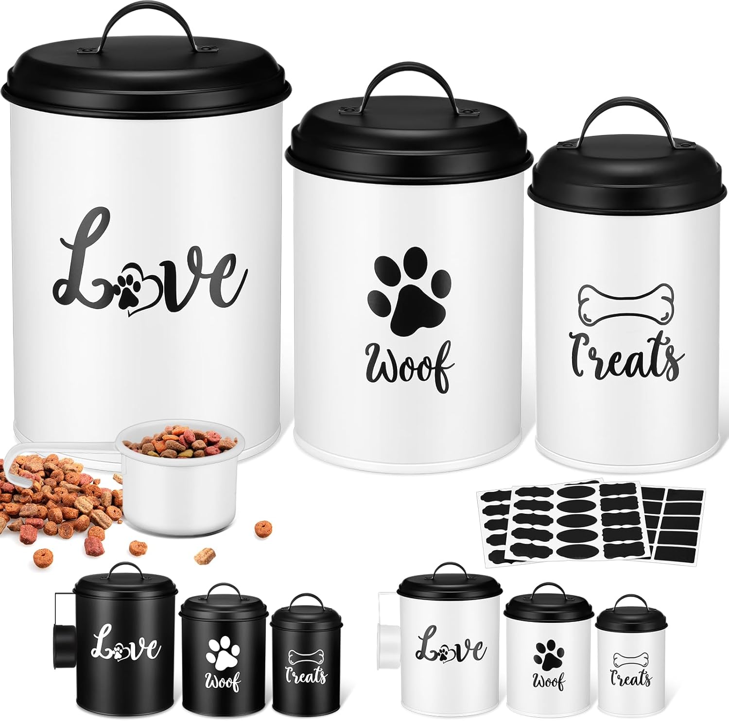 Teenyyou Dog Food Containers Set of 3 with Lids and Spoon Airtight Metal Dog Treat Snack Jars with DIY Labels Big Pet Cookie Storage Jar for Farmhouse Kitchen Counter(White)