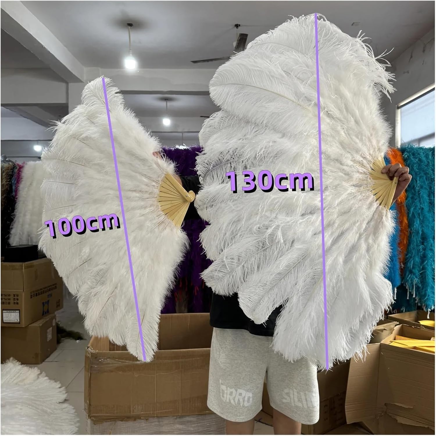 100CM/130CM Ostrich Feather Fan13 Bone Handheld Fan for Wedding Dance Stage Performance Accessories(28,100CM 2PCS)