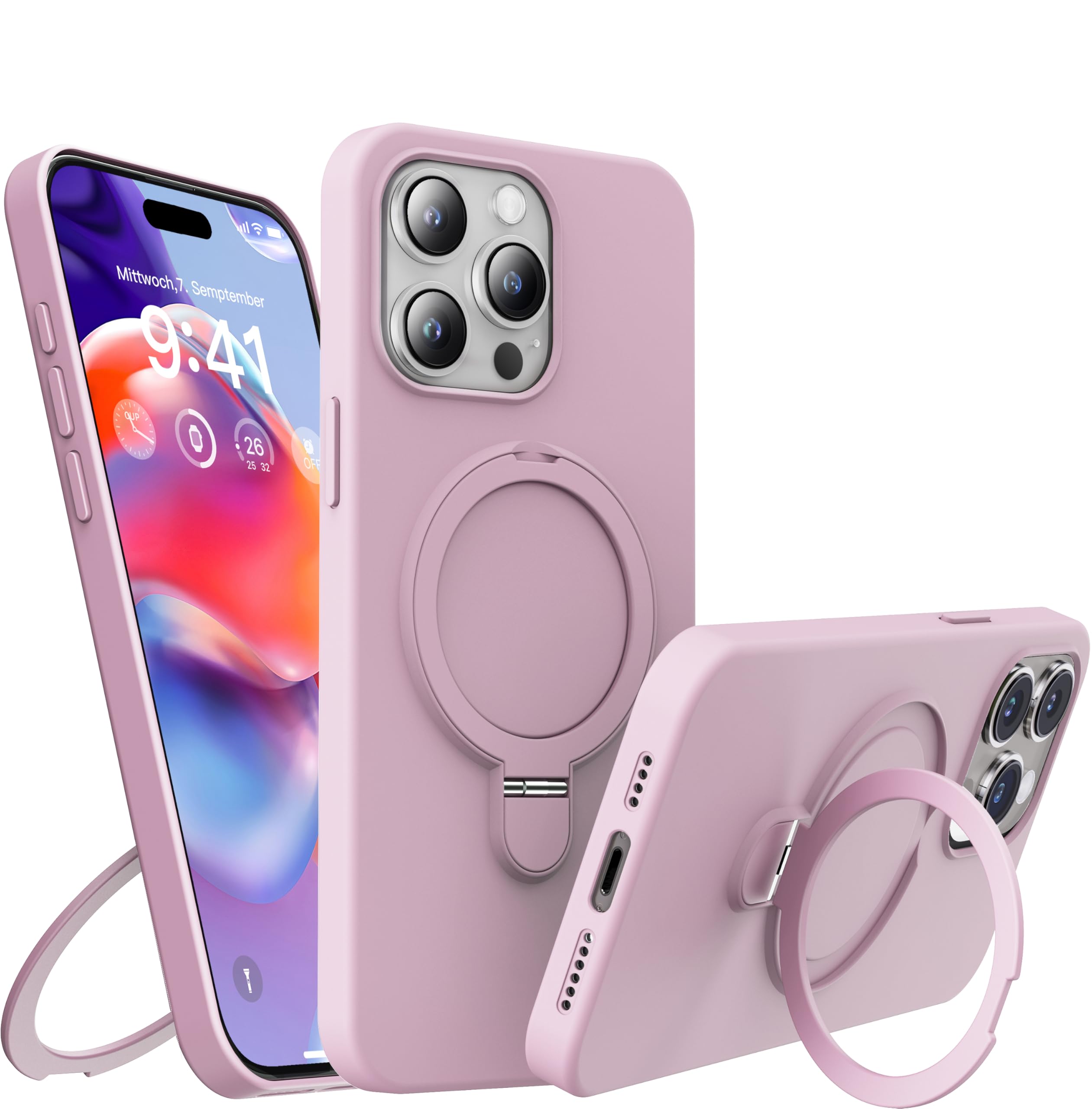 REMFNEKL Liquid Silicone Case for iPhone 13 Pro-[Built-in Invisible Stand][Compatible with MagSafe] [Military Grade Shockproof]-Pink