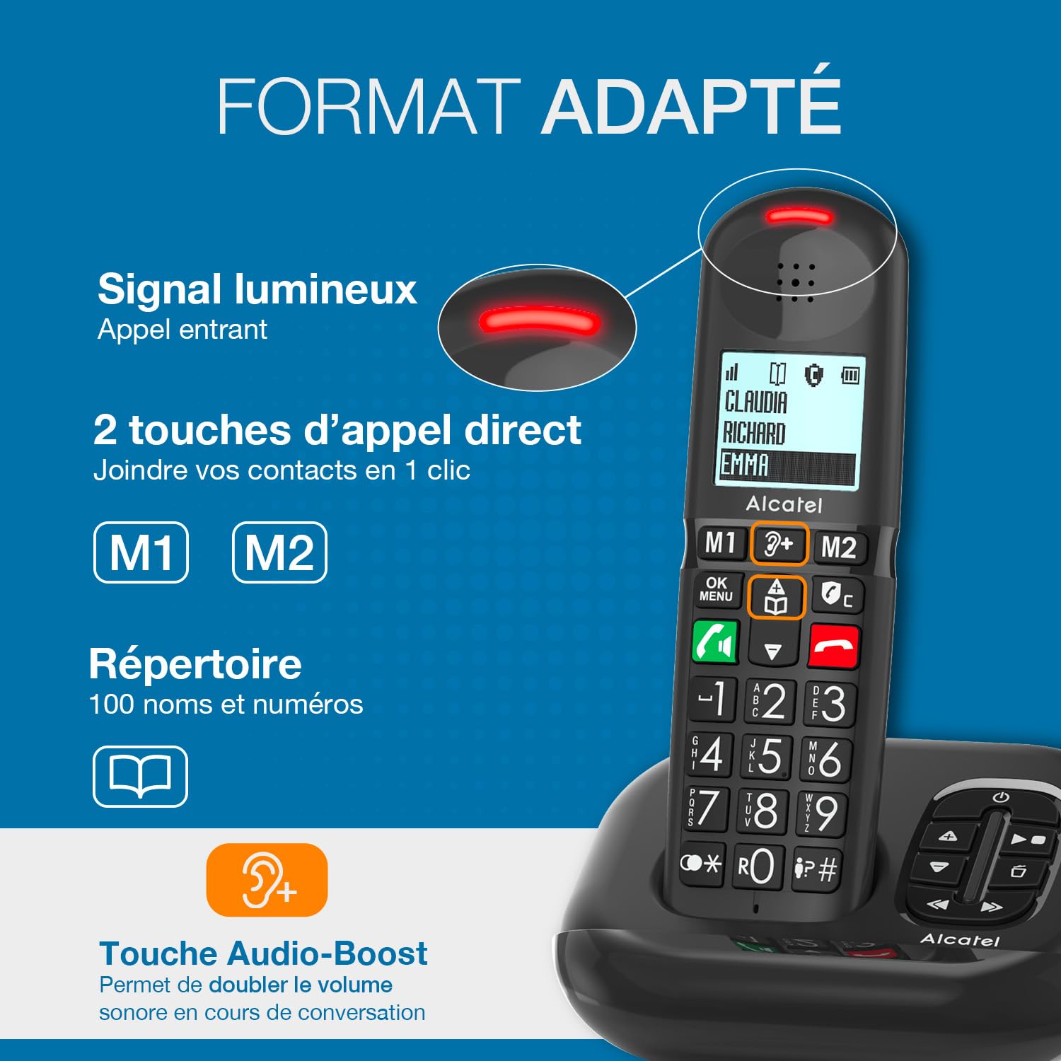 ALCATEL XL685 Voice - Teléfono Fijo inalámbrico DECT Senior con contestador - Pantalla de Alta legibilidad - Teclas Grandes - Audio Boost - Manos Libres - Bloqueo de Llamadas - Negro
