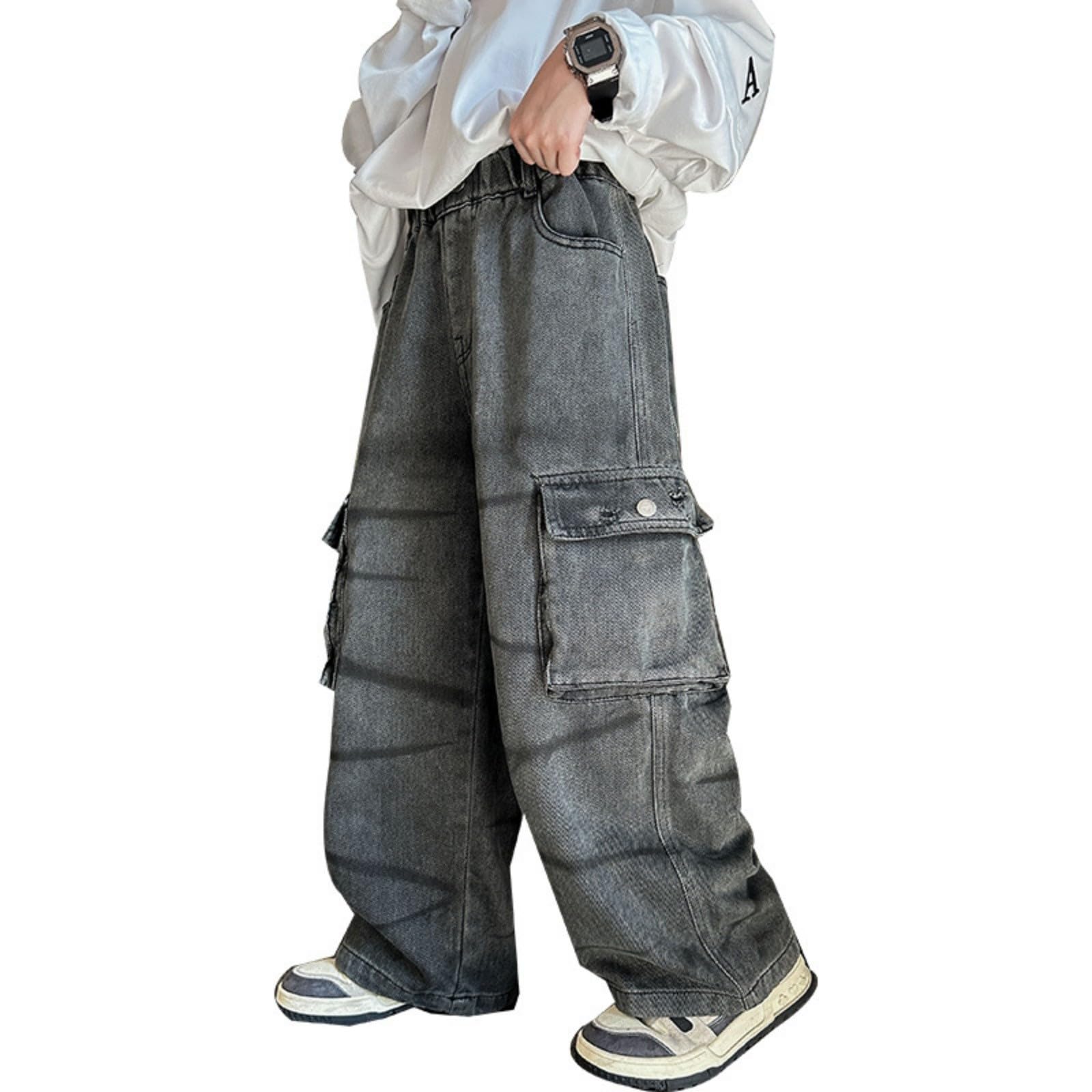 Pantalones Vaqueros de Niño, Pantalones Cargo con Cintura Elástica Corte Regular para Niños de 4 a 12 Años