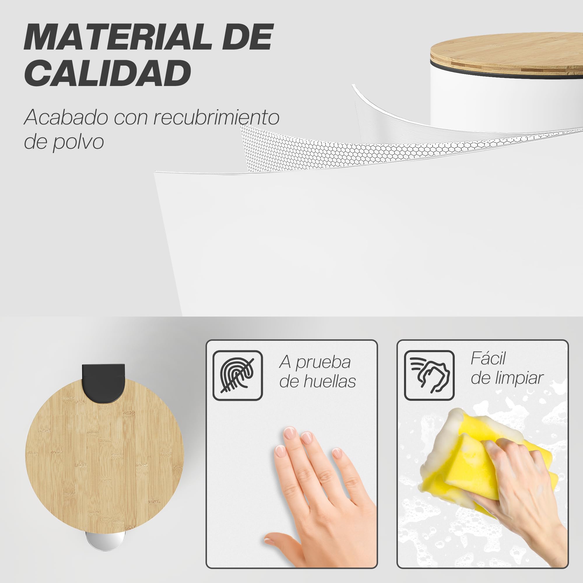 HOMCOM Cubo de Basura Cocina con Pedal, 30L, Papelera de Cocina Metálico con Tapa de Cierre Suave y Cubo Extraíble, para Dormitorio, Oficina, Estudio y Salón, 36x30x60,5 cm, Blanco y Madera Natural