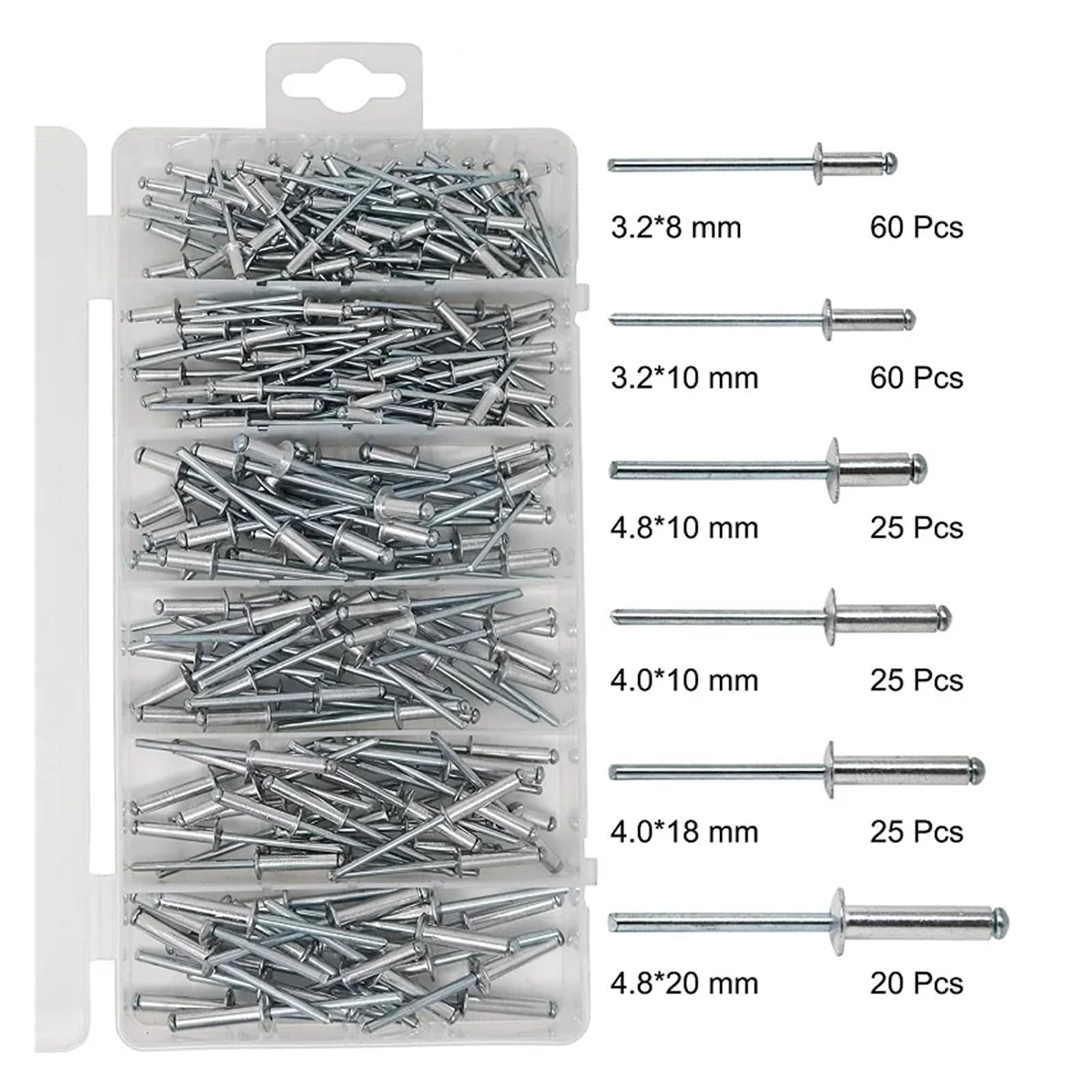 Mehrere Größen Aluminium-Kuppelkopf-Blindnieten, sortiertes Set, 215-teiliges Nietenset, Kupfernägel, Remaches