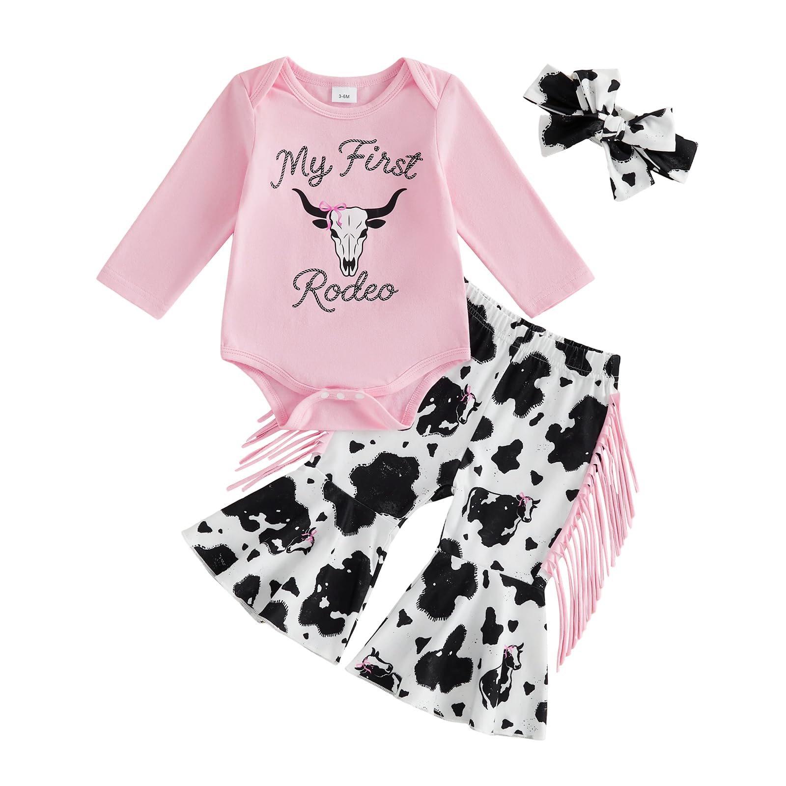 My First Rodeo Baby Girl Outfit Newborn Romper Pants Set | Infant Cowgirl Western Clothes Long Sleeve Romper Bell Bottom Pants 3Pcs Set 3-6 Months Pink-unique Gift