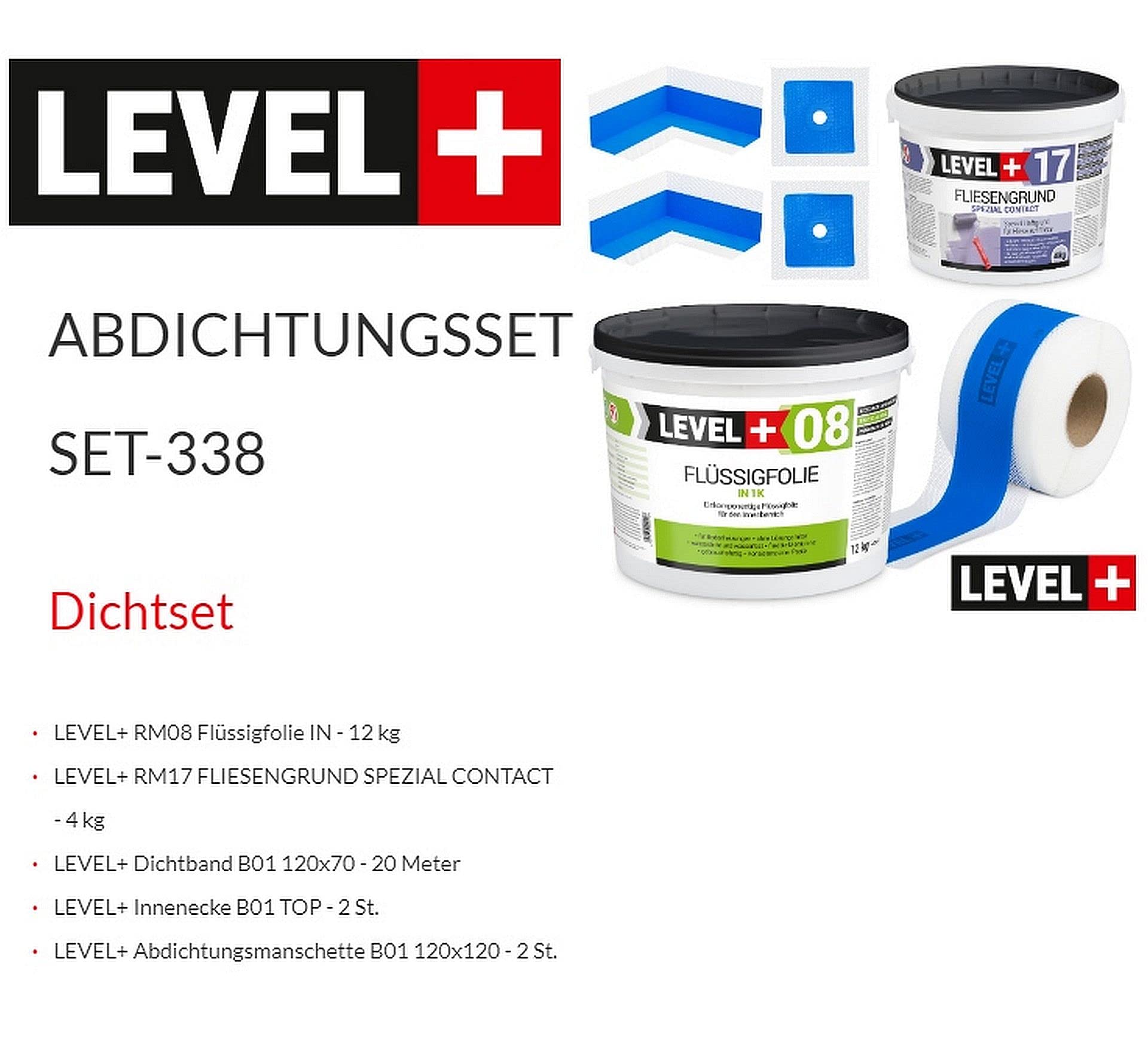 SET338 - Set de sellado para baño (12 kg, lámina líquida, 4 kg de fondo, 20 m de cinta de sellado, 2 esquinas interiores, 2 manguitos de pared, ducha, baño)