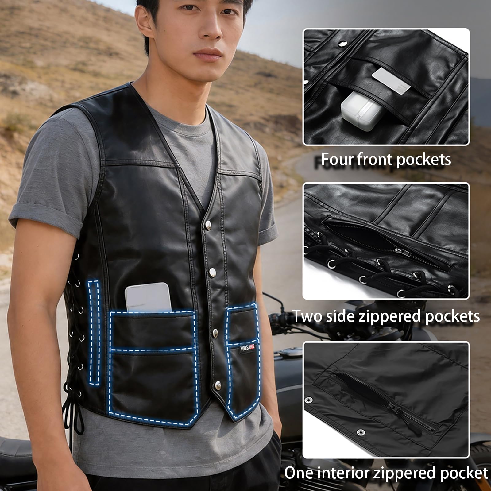 ARMAAN Gilet Da Uomo In Similpelle Nera, Senza Maniche, Stile Biker, Con Lacci Laterali Regolabili E Tasche, Gilet Effetto Pelle Con Scollo A V, Stile Motociclista