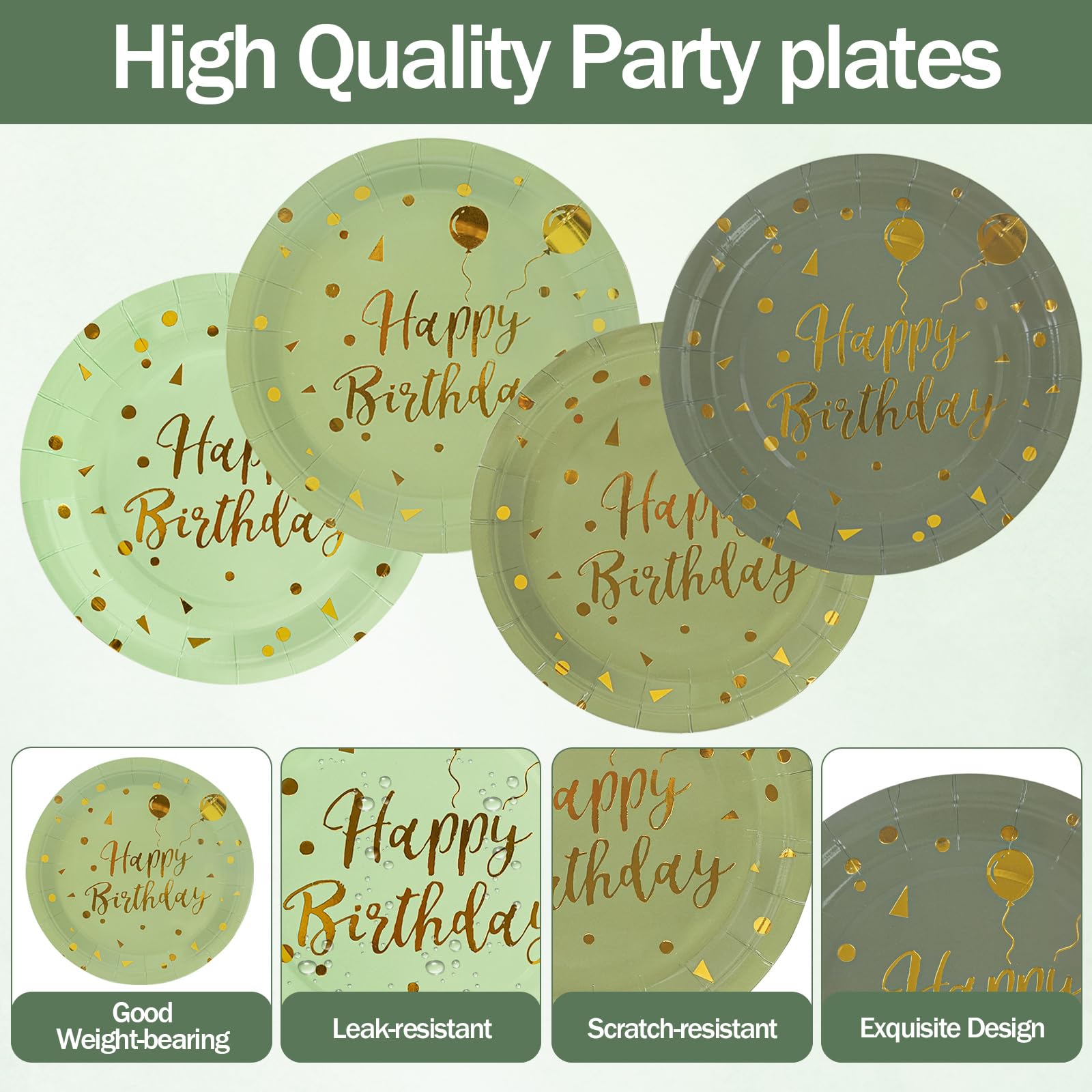 48 Assiettes En Carton Vert Sauge - Lot 4 Couleurs - Pour Desserts, Anniversaires, Mariages & Fêtes