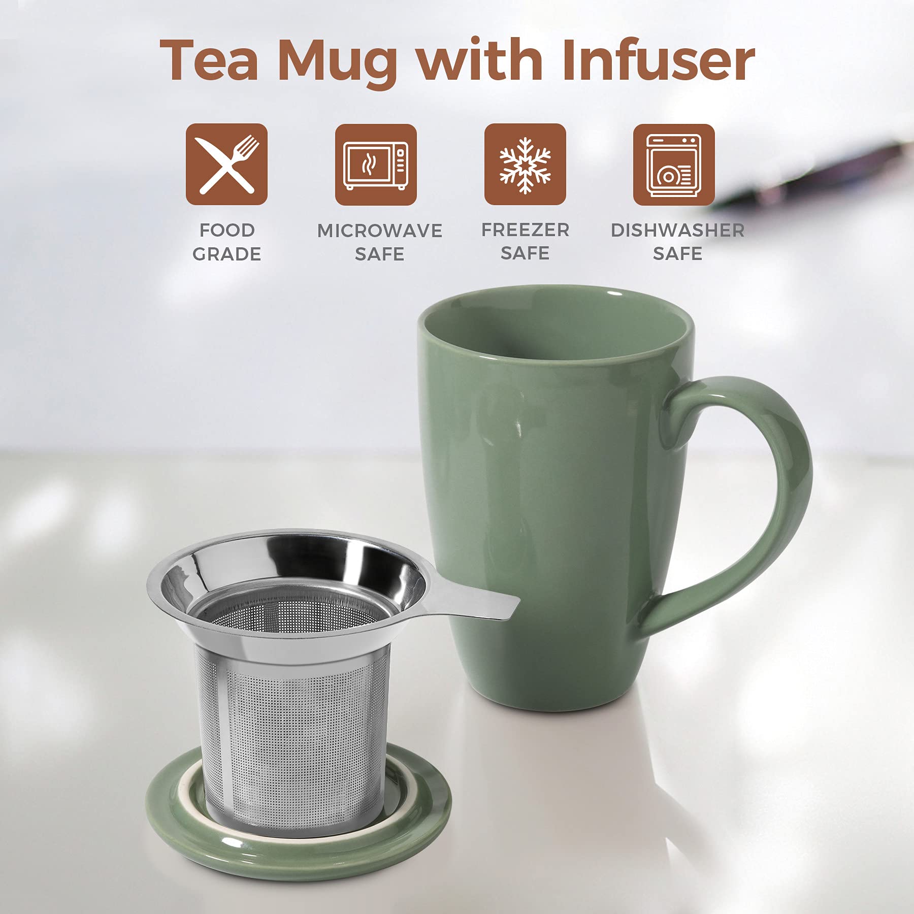 ComSaf Taza de té de cerámica con infusor y tapa, taza de porcelana grande de 16 onzas con filtro de té para hojas sueltas de té/bolsa de té, taza de té para oficina, hogar, verde