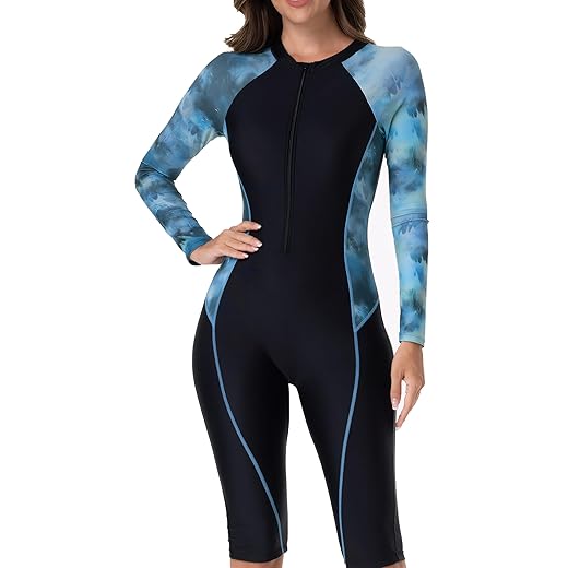 Panegy Maiô feminino de manga comprida com proteção solar com zíper, short médio, surfe, rashguard