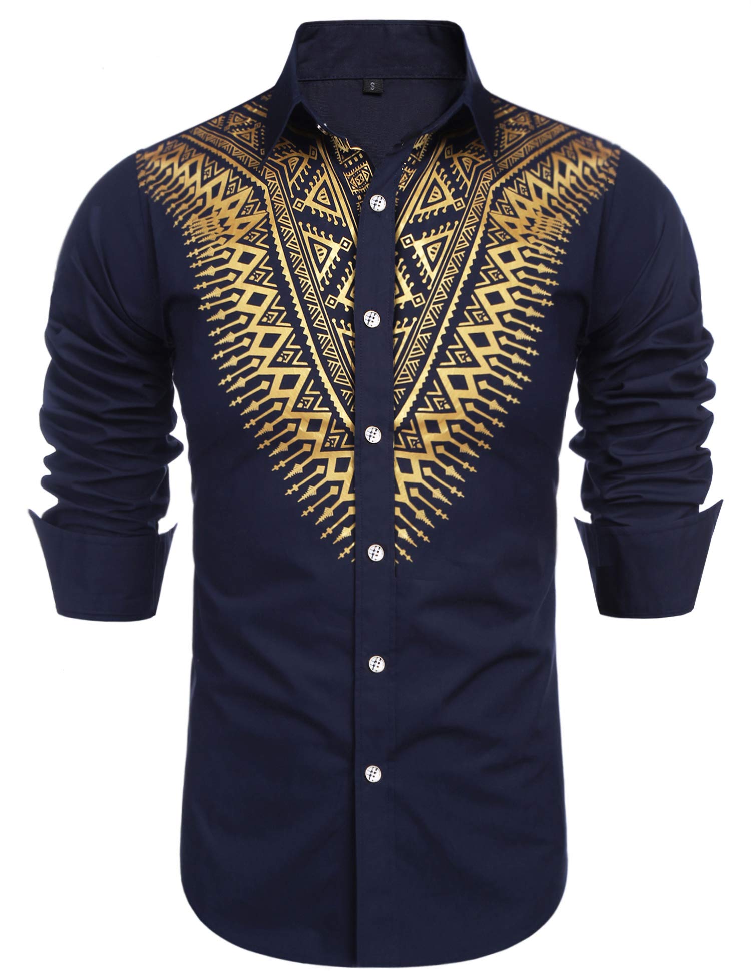 DaupanzeesMens African Metallic Print Dashiki Shirt Slim Fit Long Sleeve Dress Shirts Button Down Shirts