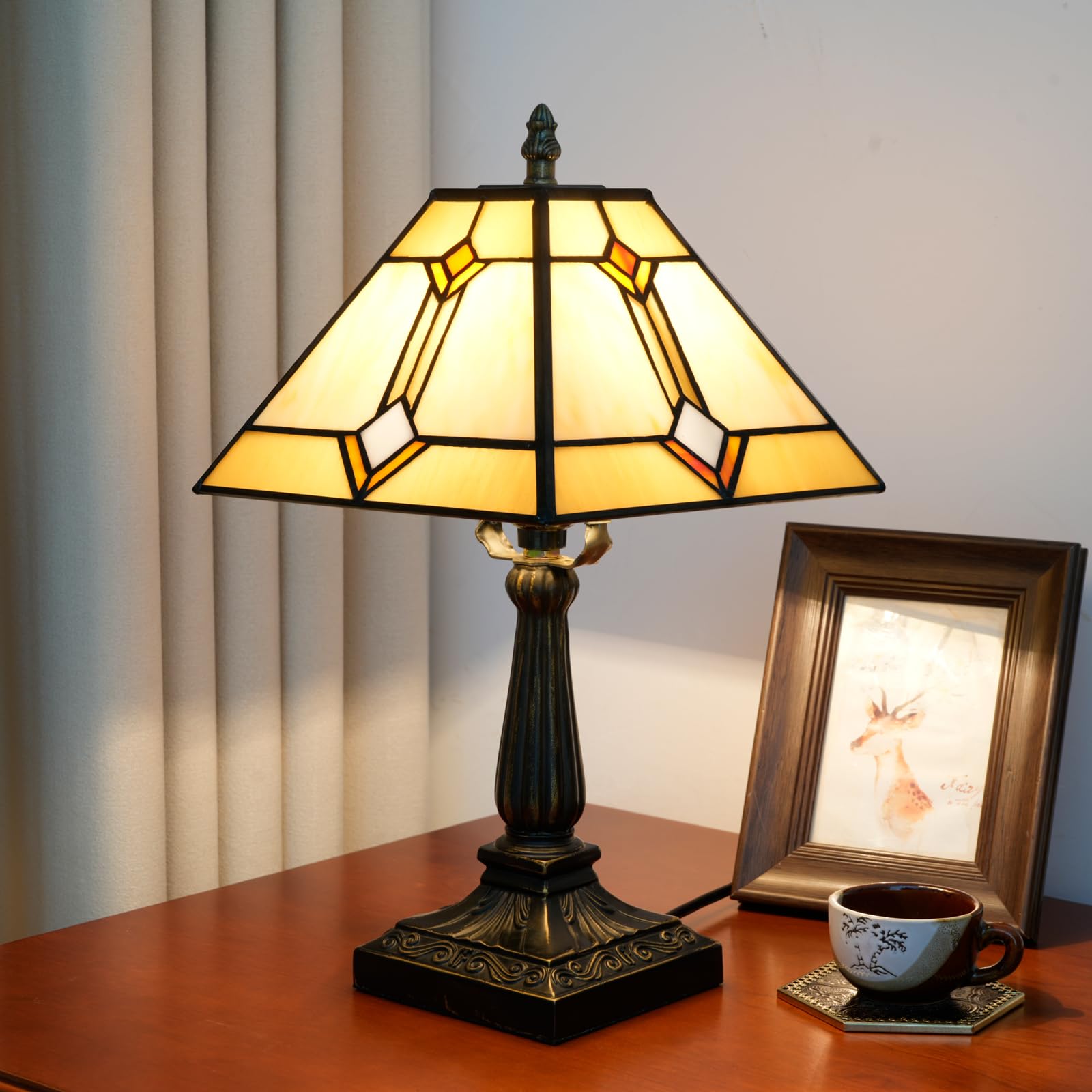 Tiffany lampa stołowa styl misja szkło witrażowe światło żółte antyczne vintage lampa obok czytania do domu salonu