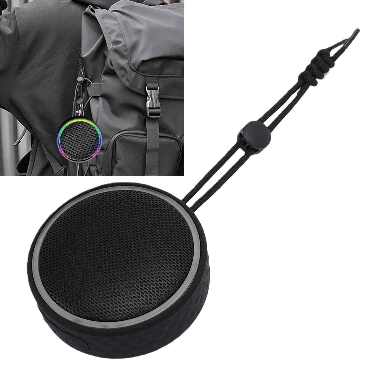 Bluetooth-Duschlautsprecher, Tragbarer, Kabelloser Stereo-Lautsprecher mit Saugnapf und Trageband, RGB-Beleuchtung, Wasserdicht nach IPX6 (Schwarz)