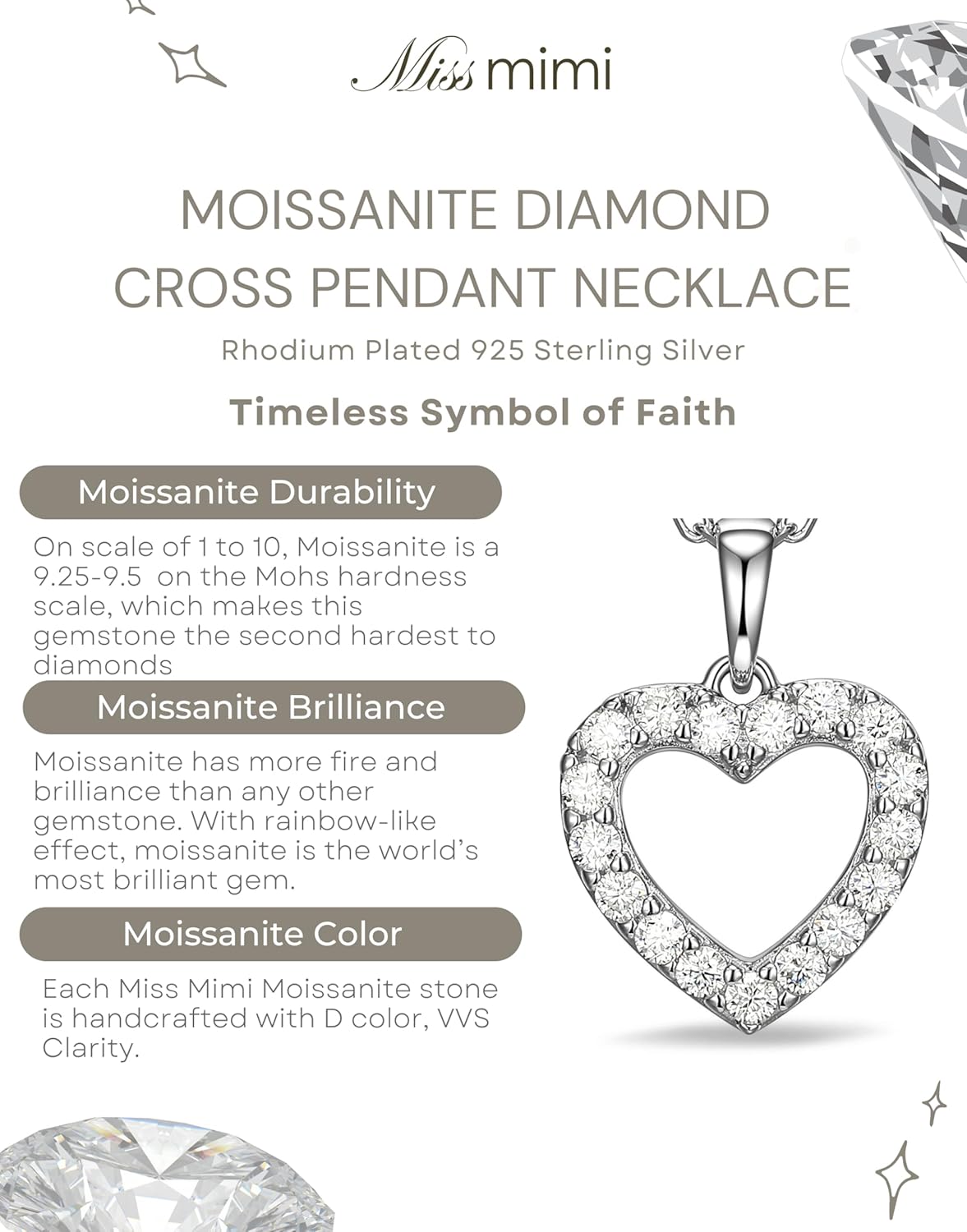 Miss mimi Moissanite Pendant Necklace for Women, 925 Sterling Silver Cross, Heart, Moon & 2CT Solitaire Options, 18K Gold Plated or Rhodium Plated, Adjustable 16–18 in Chain + 2 in Extender - Image 4