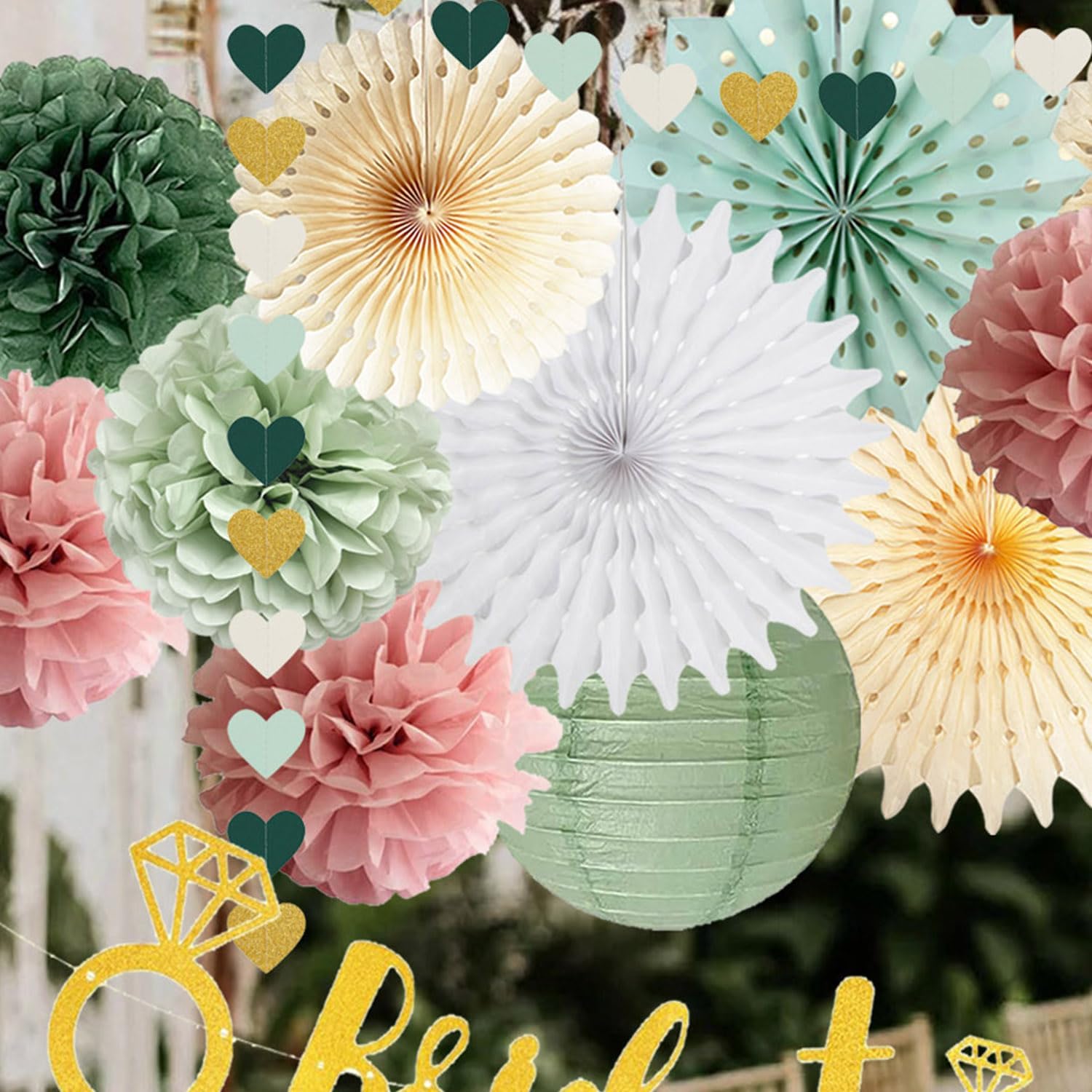 Sage Green Dusty Pink Bachelorette Party Decorations Bride to Be Party Decoration Sage Pink Tissue Pom Poms Paper Lanterns Beige Paper Fans for Wedding Bridal Shower Bachelorette Party Decoration - Image 6