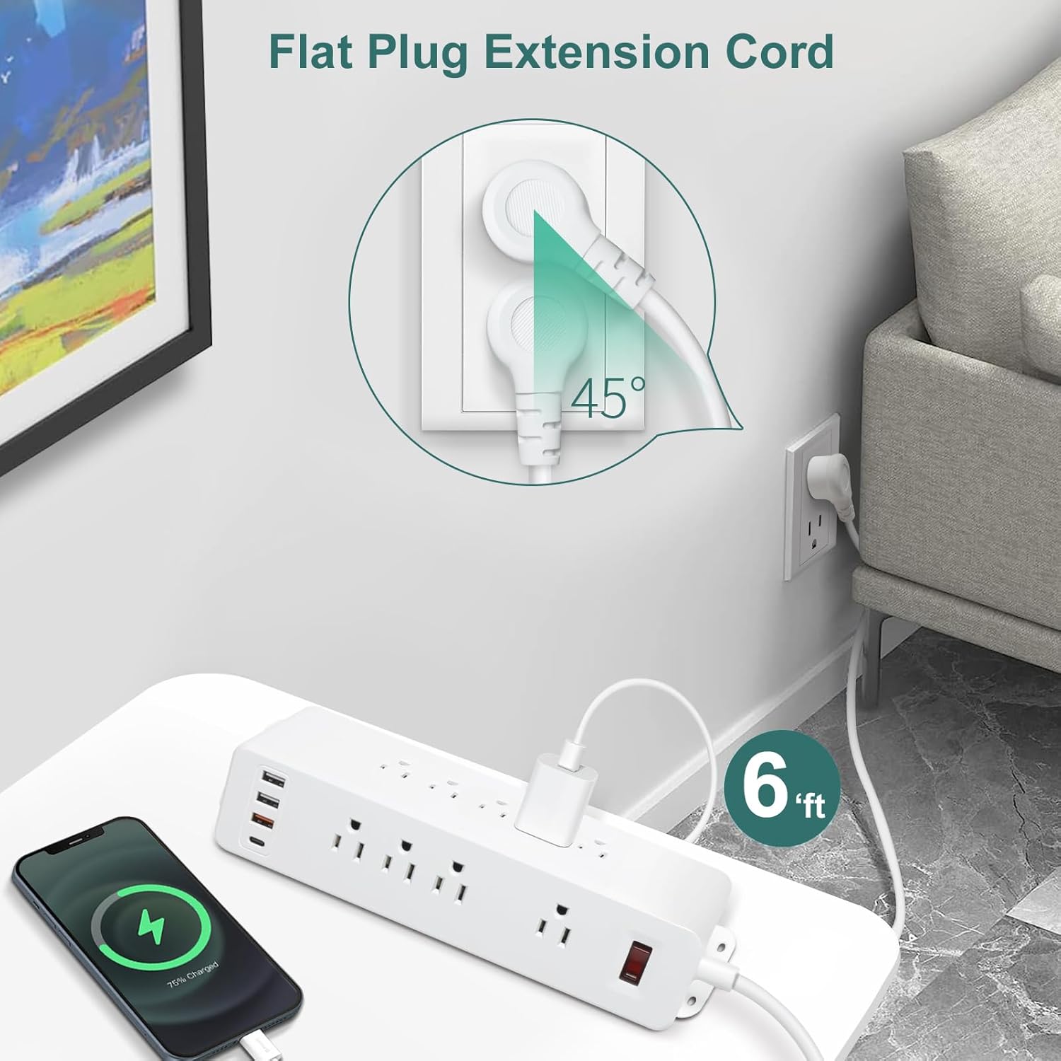 9 Outlets Wall Mount Power Strip with USB C HdcTek Double Side Outlet Extender Fast Charge USB-A Ports & 1 PD USB-C Port Flat Plug Mountable Desk Charging Station for Office Home Dorm (White)
