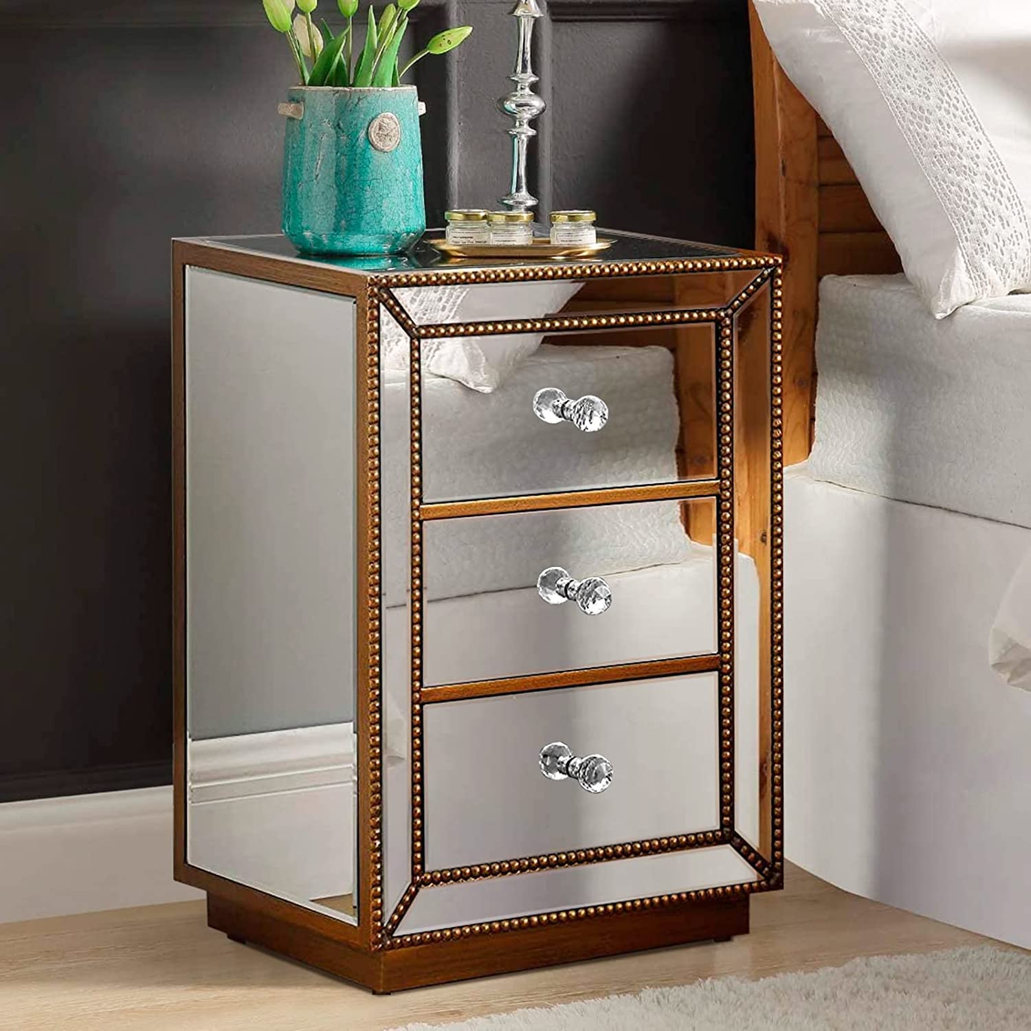 GA Home Mirrored Nightstand with 3 Drawers?Antique Gold Mirrored End