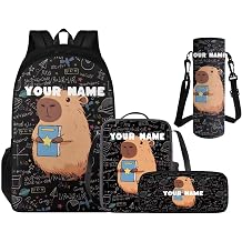 Personalized Pencil Case Capybara Backpacks for Boys Lunch Box Custom Name Bookbag and Water Bottle Holder 4 PCS Set, 3rd Grade Boys Backpack Accessories Sets for Kids Back to School