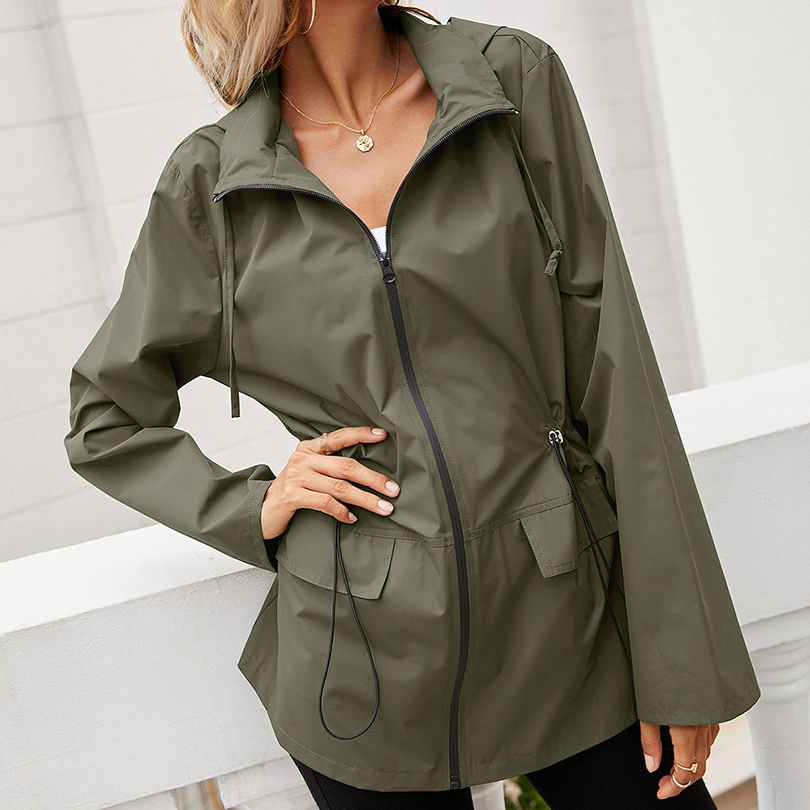 Chubasquero impermeable casual de las mujeres con cremallera sólida con capucha
