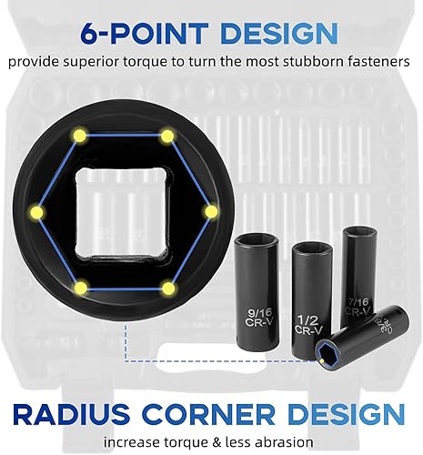 Miniatura 6 de Juego de 64 piezas de llaves de 38 pulgadas, SAE (516"-1") y métricas (0.236 in-0.945 in), profundas y superficiales, llave de trinquete de 72