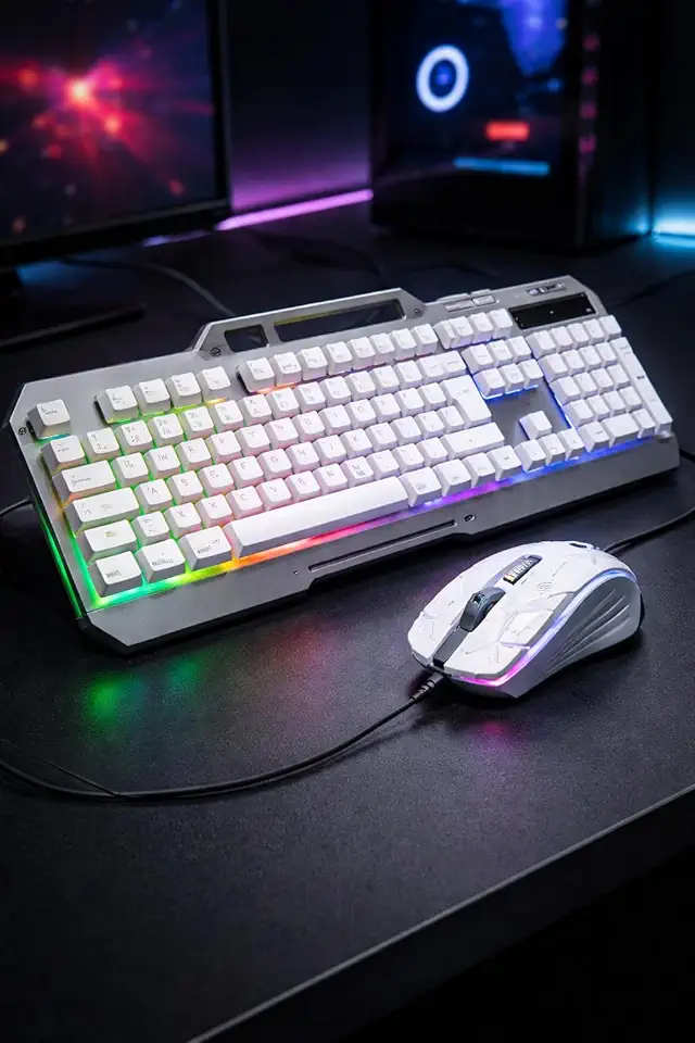 Kit Teclado Gamer + Mouse Gamer RGB com Iluminação Ajustável, Teclas de Resposta Rápida, Layout ABNT2, Conexão USB com Fio, Atalhos Multimídia, Design Ergonômico Ideal para Jogos,