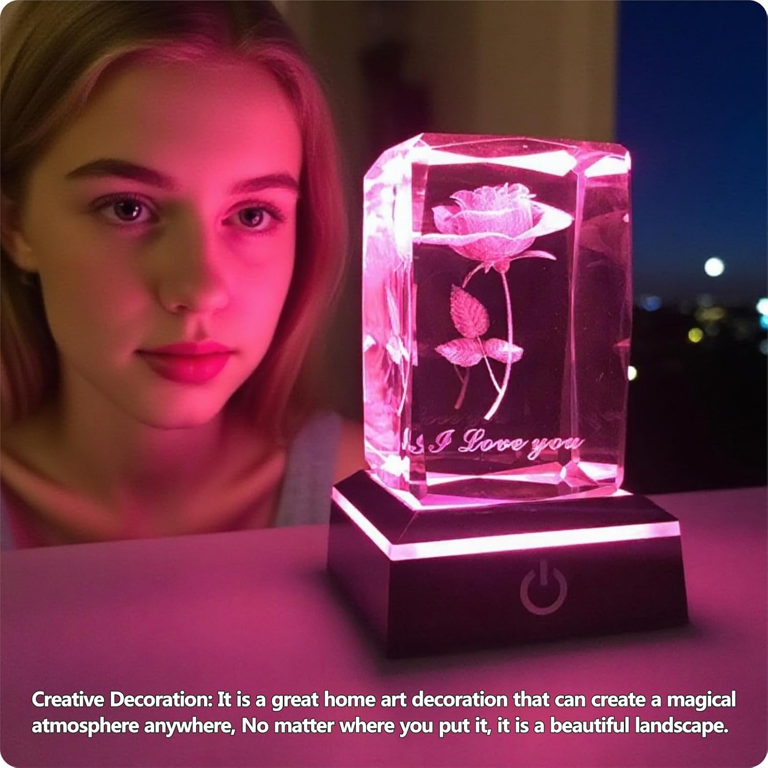 3D Rose Crystal with LED Multicolor Night Lights Display Base for Valentines Present, Wife, Mother, Friendship Love Memorial Unique Birthday Gifts for Her - Image 3
