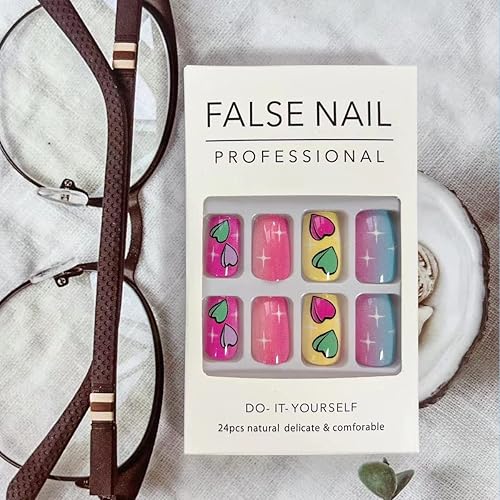 Miniatura 5 de 24 uñas postizas cortas para el día de San Valentín con diseños lindas uñas de corazón a presión brillantes de cobertura completa uñas acrílicas de