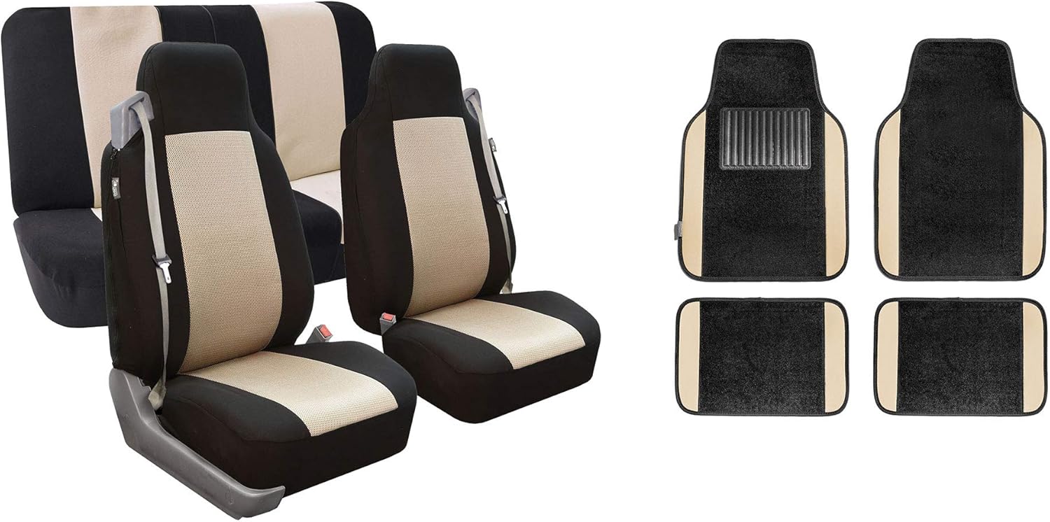 TLH All-Purpose Built-in Seatbelt Classic Cloth Seat Covers Full, Airbag Compatible, Beige Color w/Carpet Floor Mats Matching Color