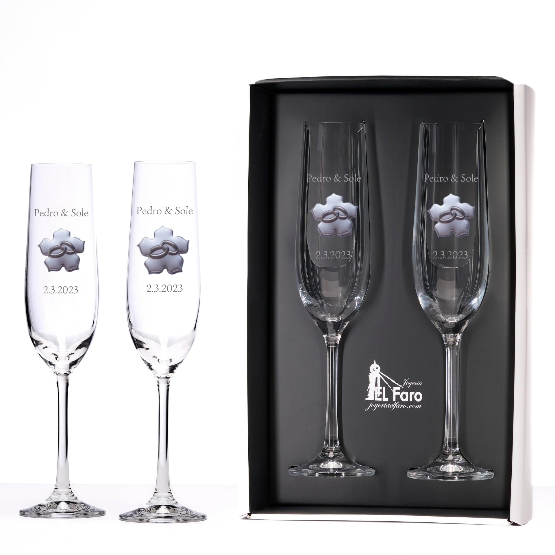 JOYERIA EL FARO | Copas grabadas para Novios | Copas Personalizadas para Bodas | Cristal de Bohemia de Alta Resistencia | Estuche Premium Incluido | Brinda y celebra el Amor