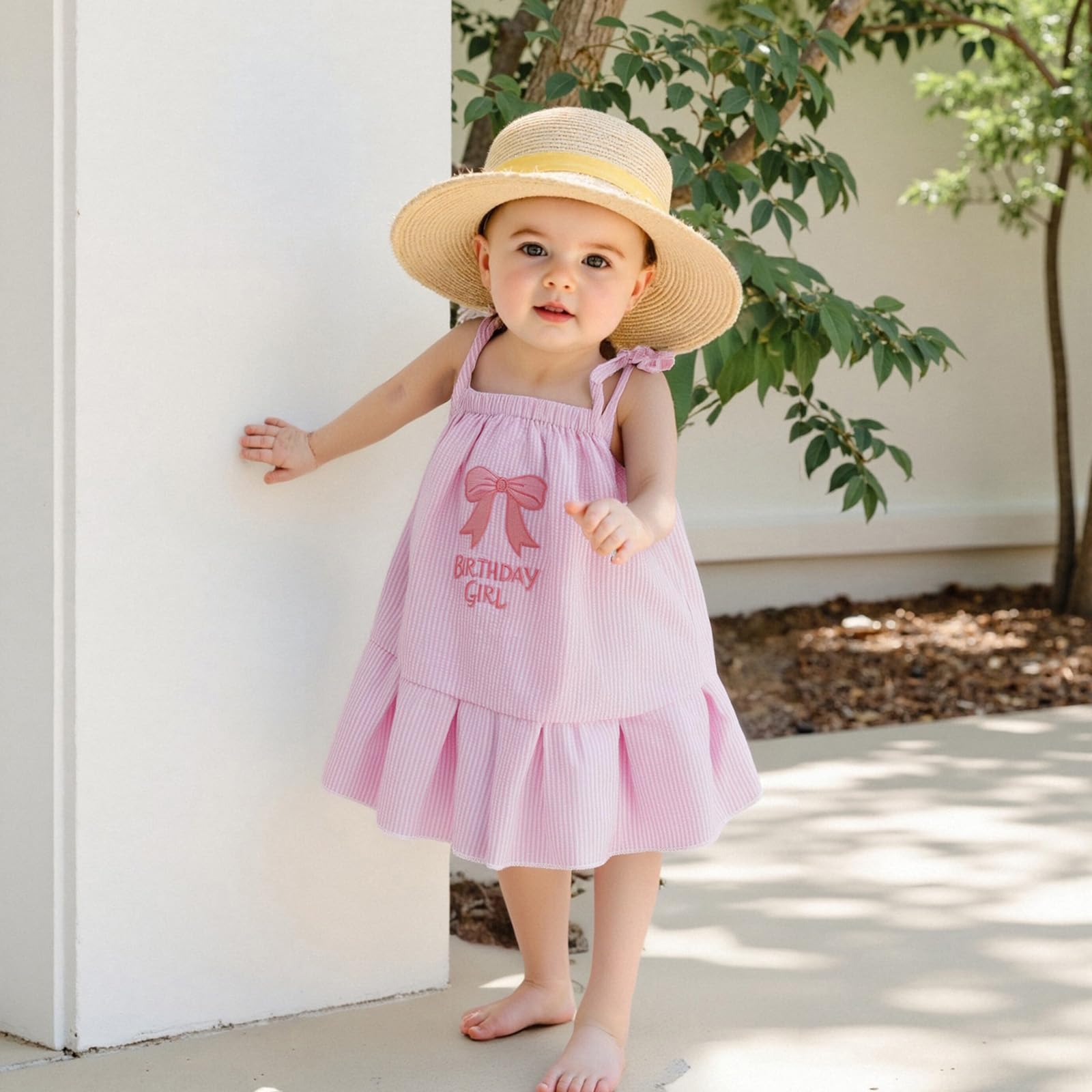 Babieshouse Toddler Baby Girl Birthday Outfit Embroidered Bow Sleeveless Strap Dress Summer Birthday Girls Dresses (Birthday Girl-Pink, 4-5 Years)