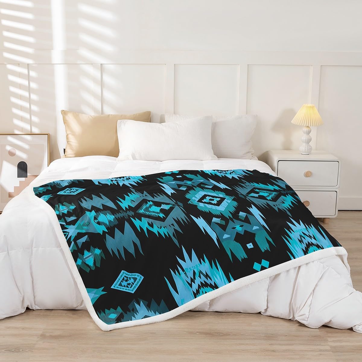 Feelyou Blue Black Southwestern Sherpa Blanket,Tribal Native American Indian Fleece Throw Blanket,Kids Room Decor,Exotic Style Plush Blanket,Farmhouse Western Fuzzy Blanket for Sofa Bed Couch 90"x90" - Image 2