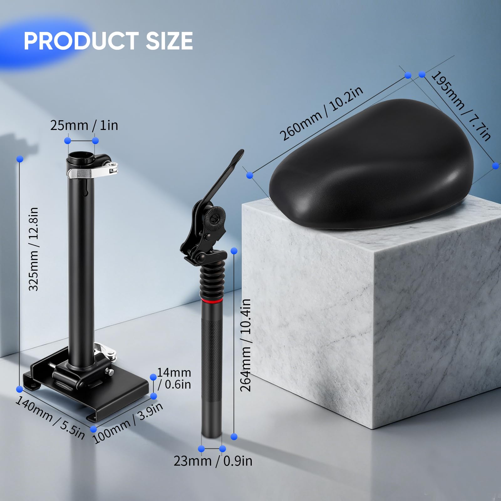 Asiento para patinete eléctrico de 13 cm a 19 cm, asiento de scooter eléctrico para adultos, bordes curvos, tablas de pies de 55 – 68 cm, altura ajustable, plegable, patinete para adultos e accesorios