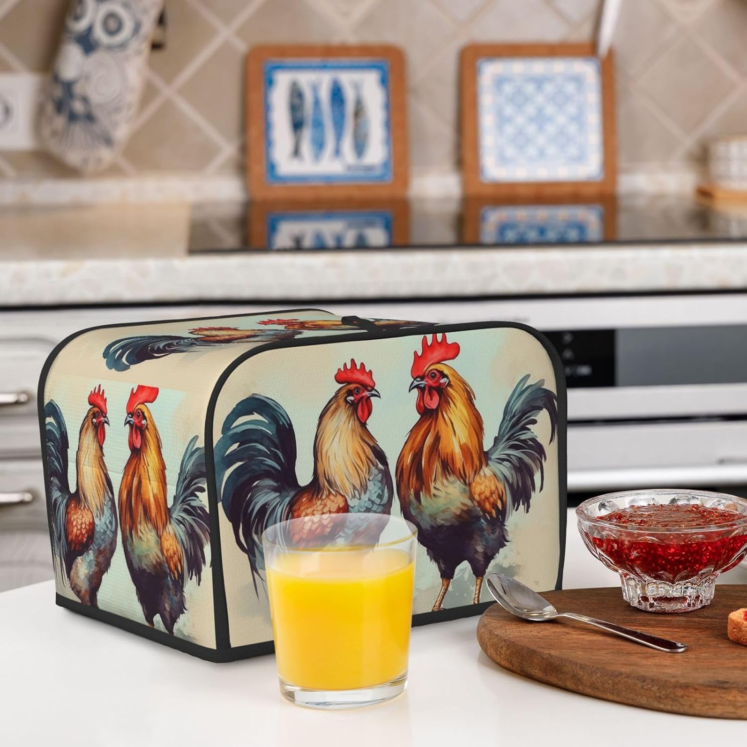 Rooster and hen Toaster Cover 4 slice Kitchen Small Appliance Covers with Pockets Toaster Dust Cover with Top Handle Oven Cover Washable Universal Bread Maker Cover for Kitchen