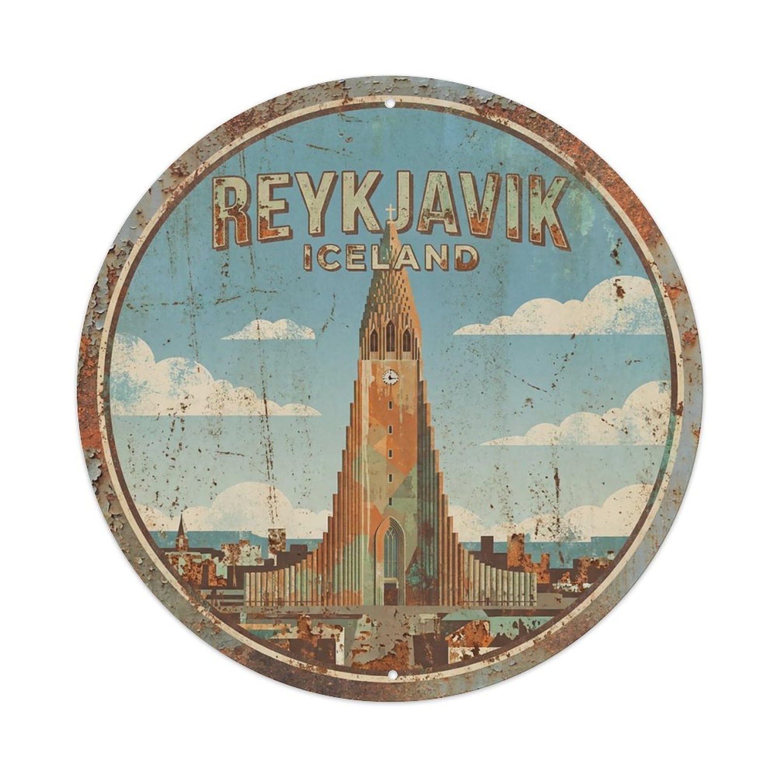 Vintage Travel Iceland Reykjavik Vintage Metal Tin Sign Plaque Wall Decor for Cafe, Club Bar, Office, Garden Metal Poster 8x8Inch
